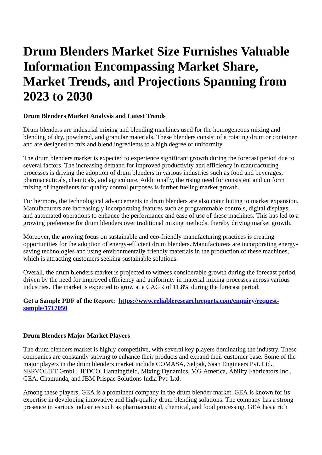 Reportprime Drum Blenders Market Size Furnishes Valuable Information