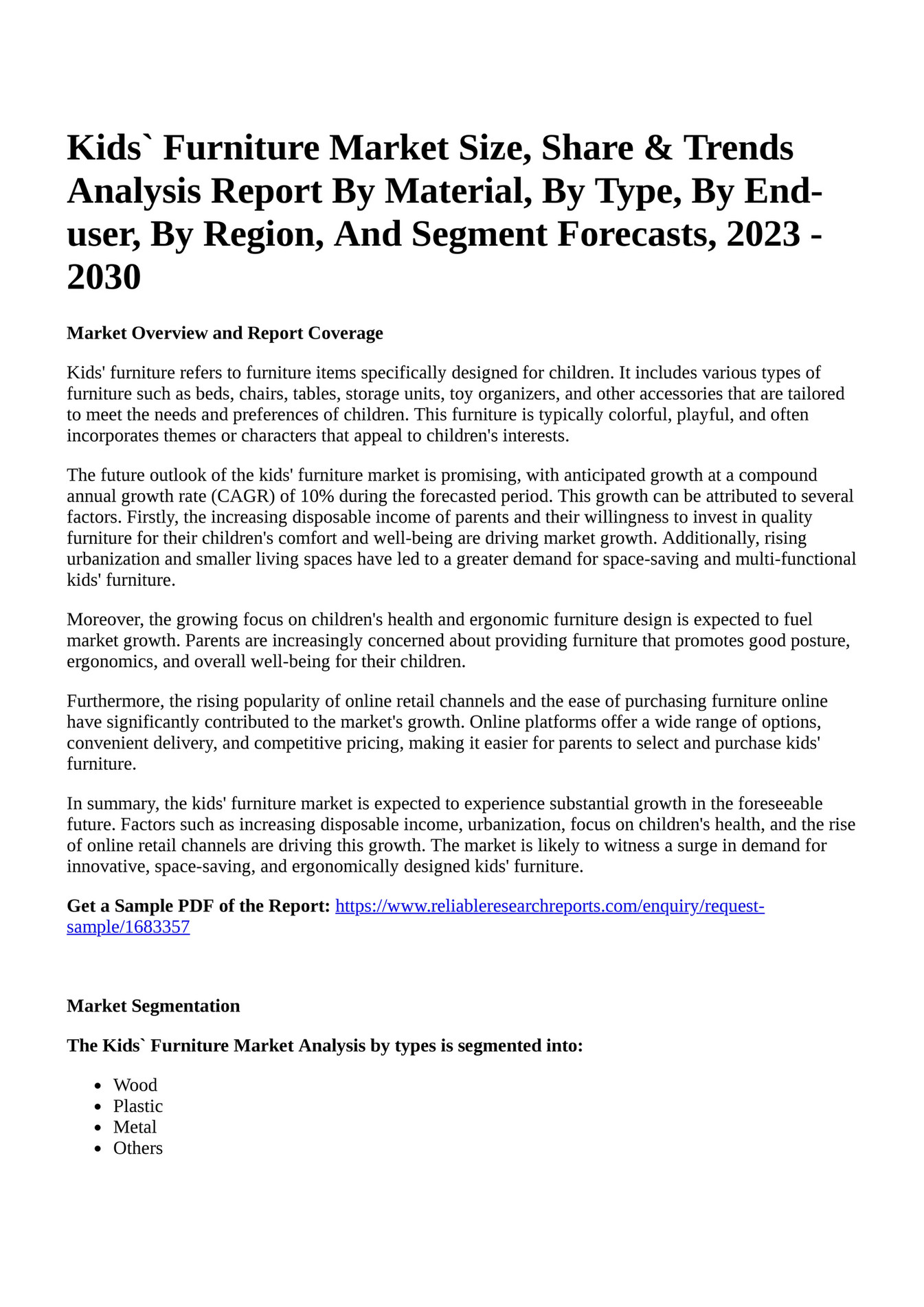 Reportprime Kids` Furniture Market Size, Share & Trends Analysis