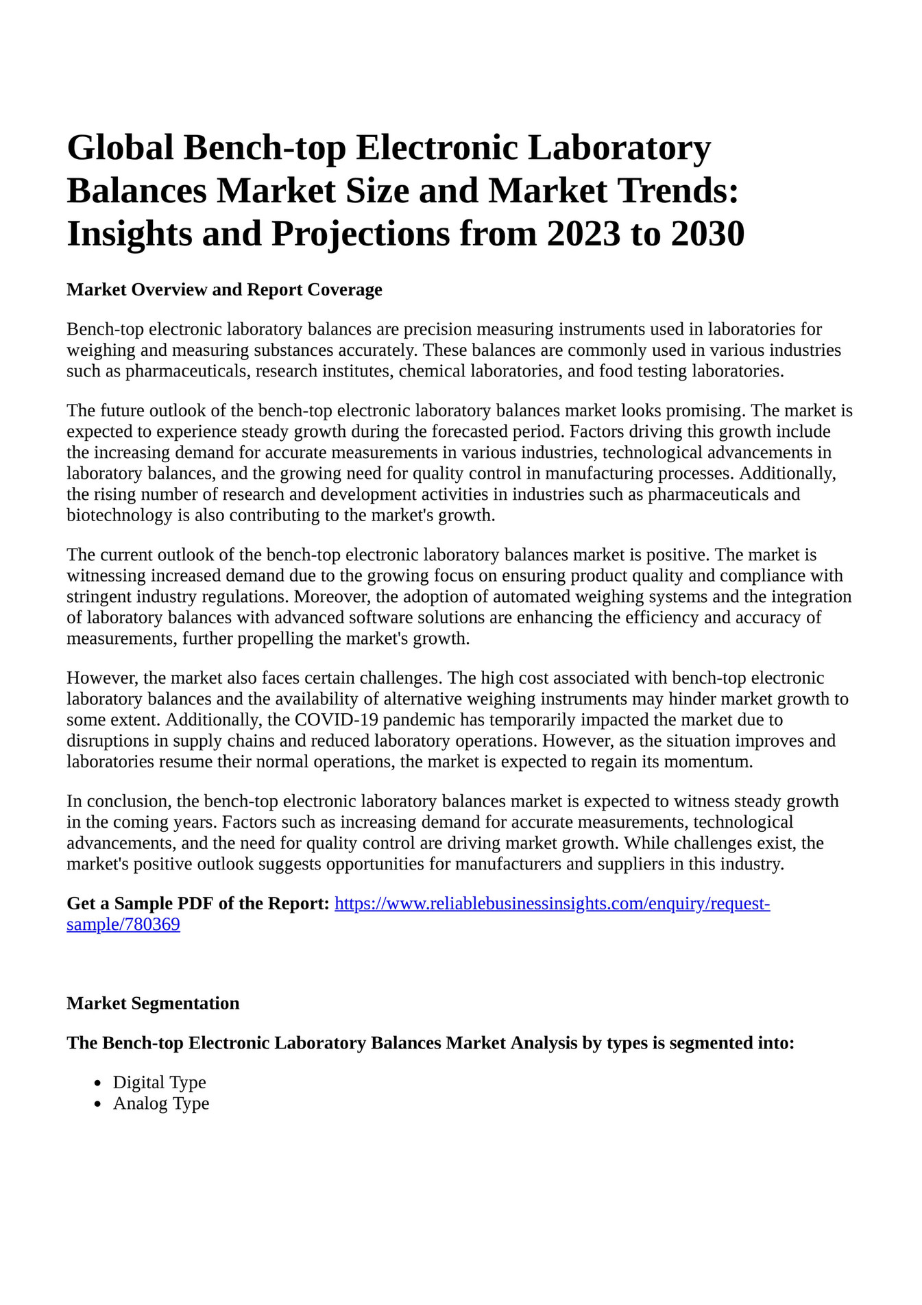 Reportprime Global Benchtop Electronic Laboratory Balances Market