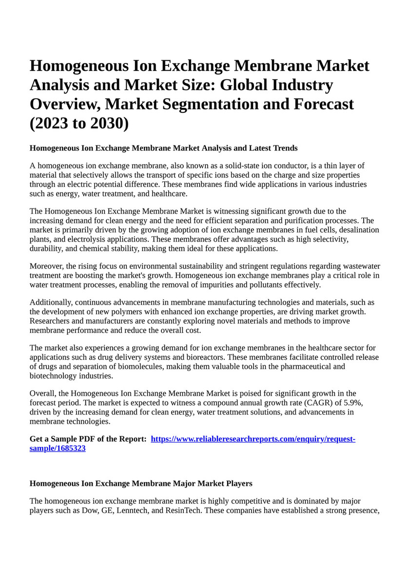 Reportprime - Homogeneous Ion Exchange Membrane Market Analysis 