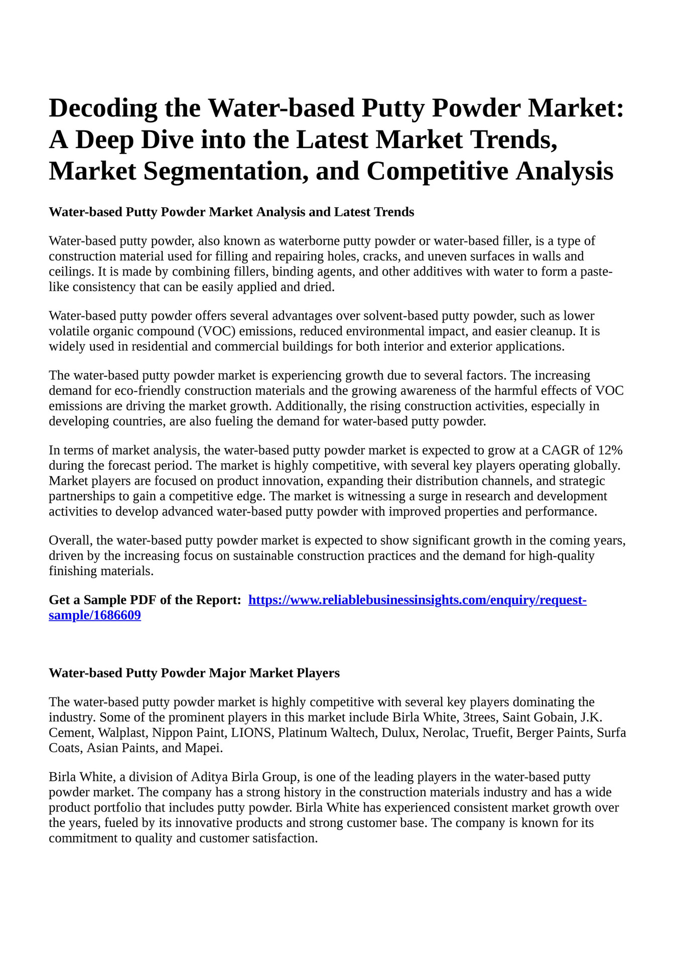 Reportprime - Decoding the Water-based Putty Powder Market: A Deep Dive 