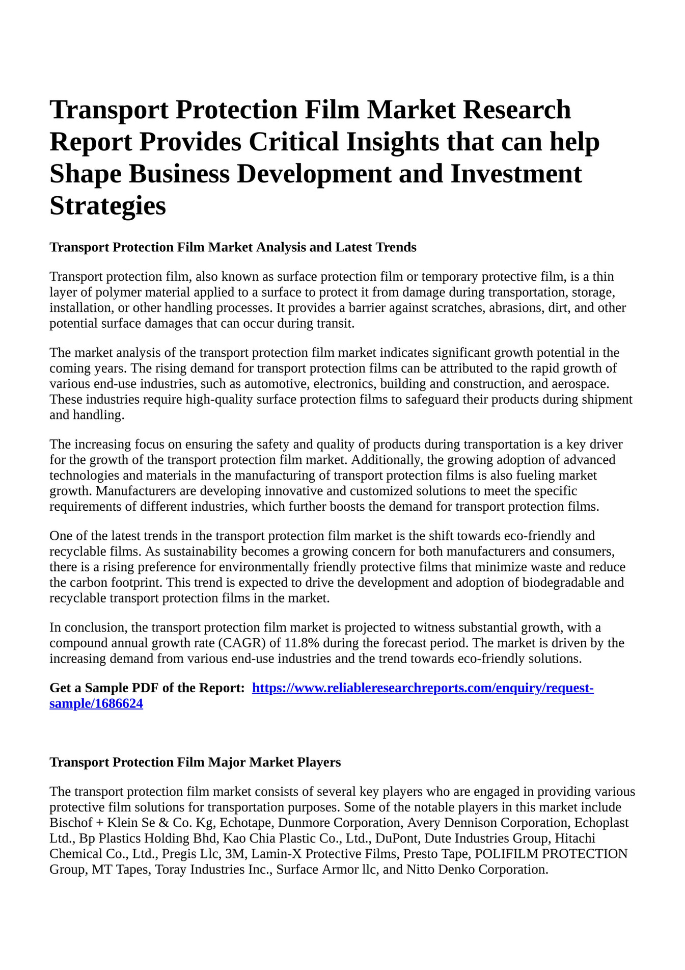 Reportprime Transport Protection Film Market Research Report Provides