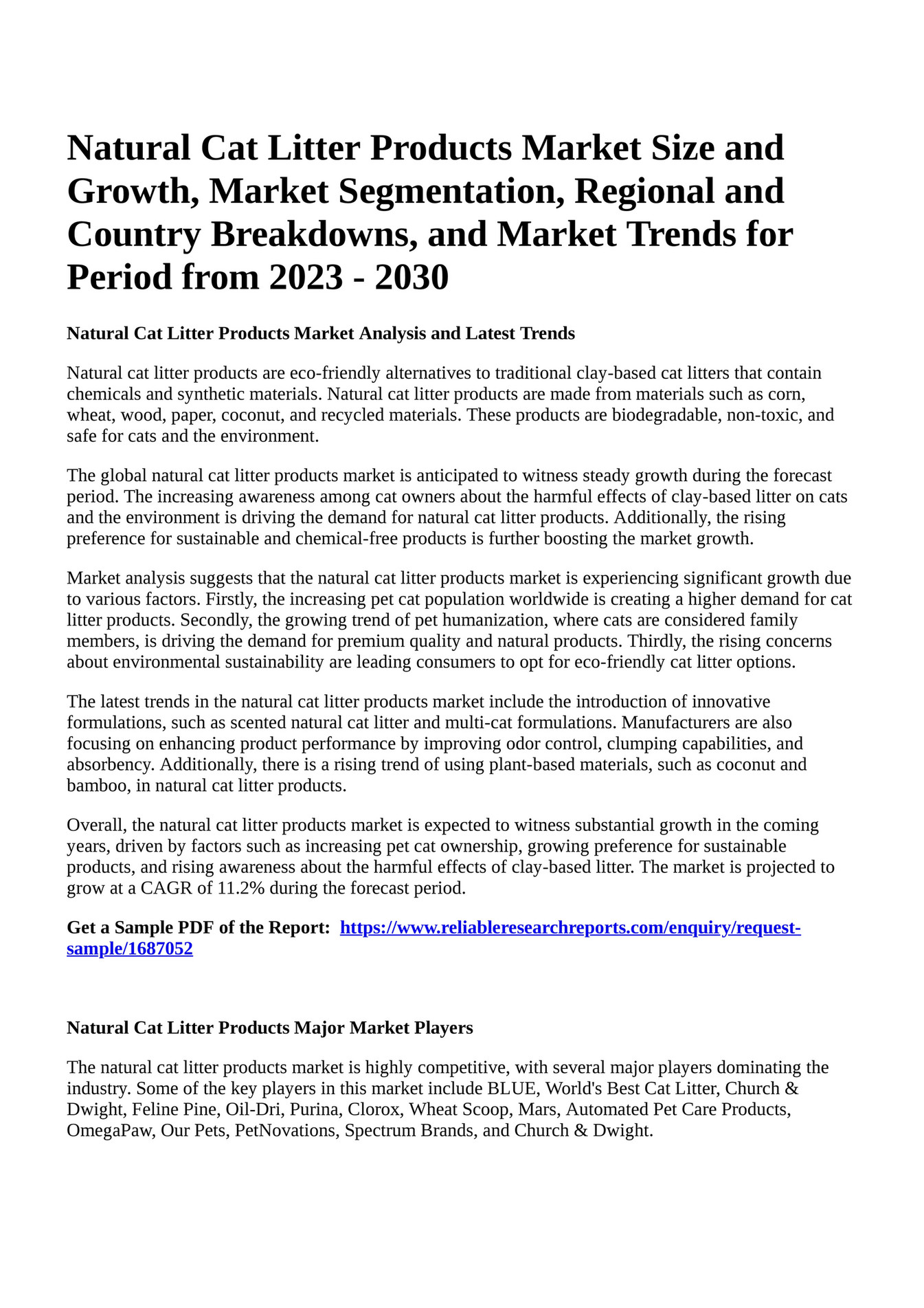 Reportprime Natural Cat Litter Products Market Size and Growth, Market Segmentation, Regional