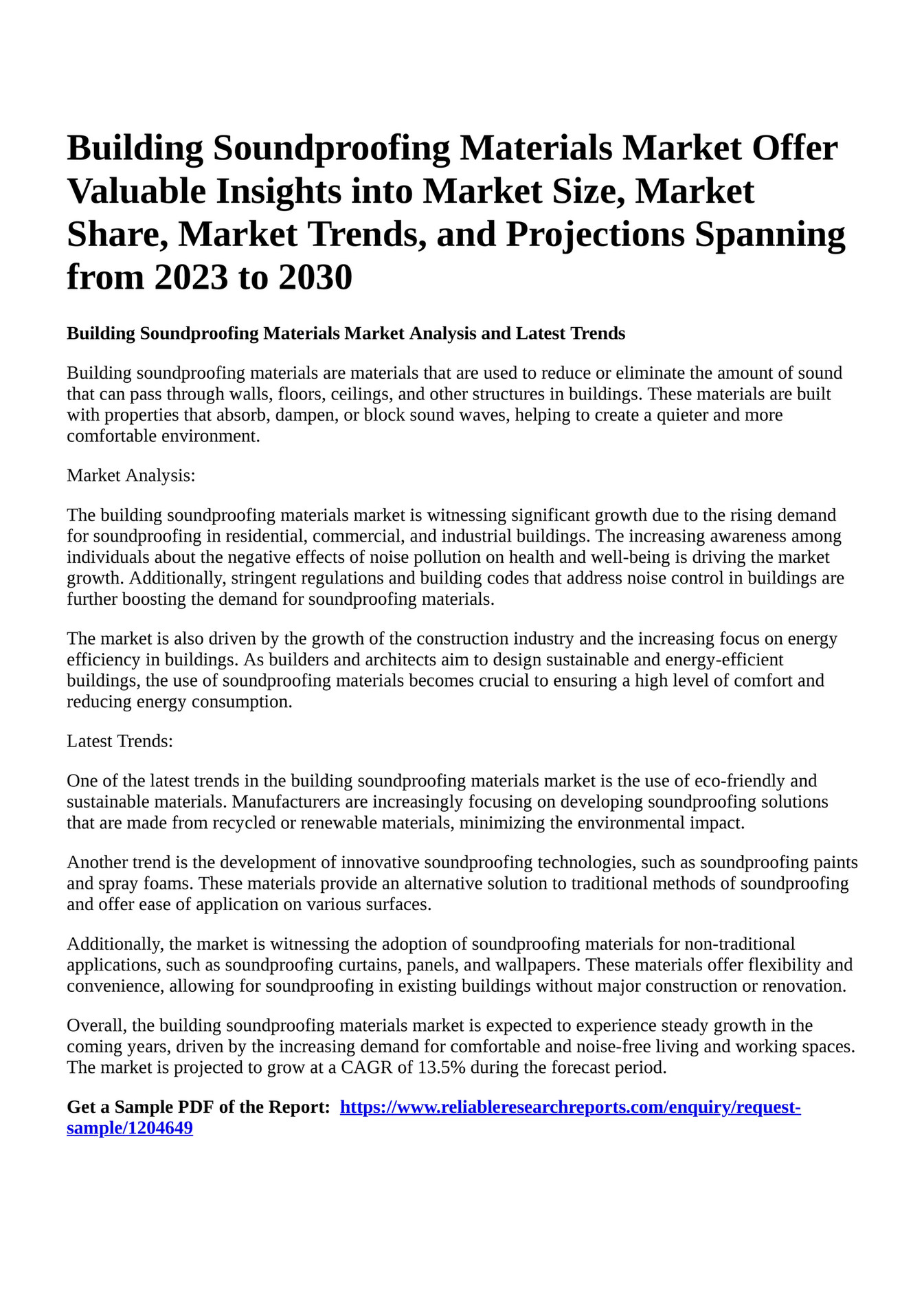 Reportprime Building Soundproofing Materials Market Offer Valuable