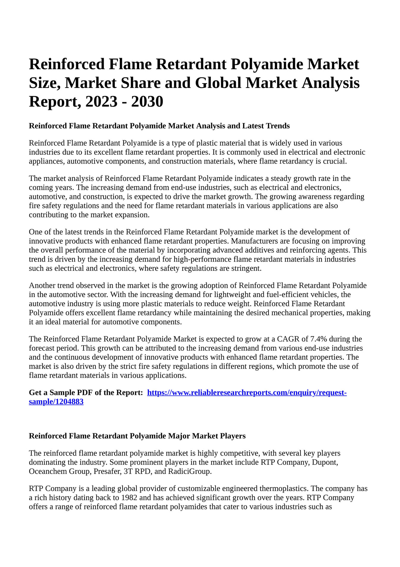 Reportprime Reinforced Flame Retardant Polyamide Market Size Market