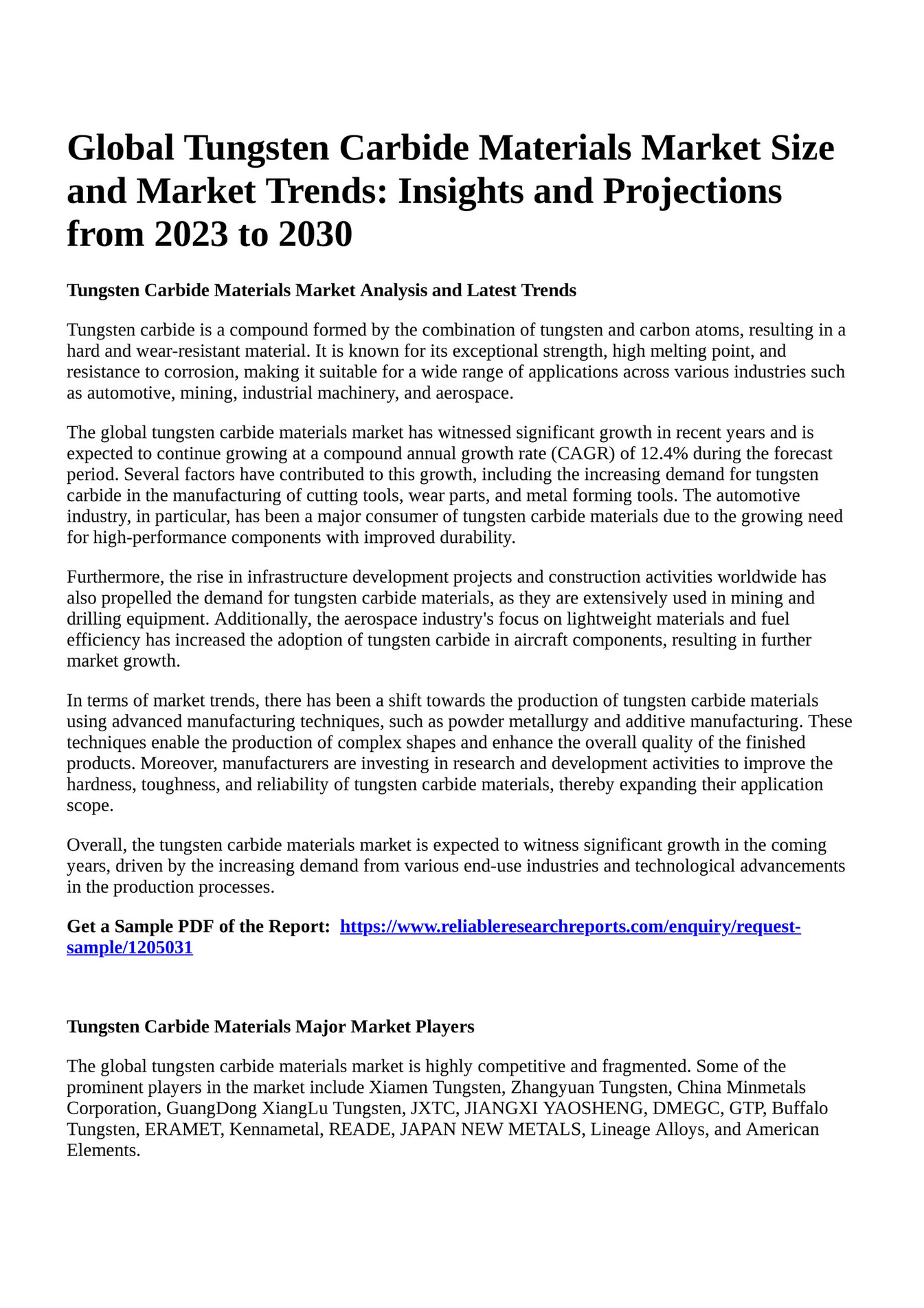 Reportprime Global Tungsten Carbide Materials Market Size and Market