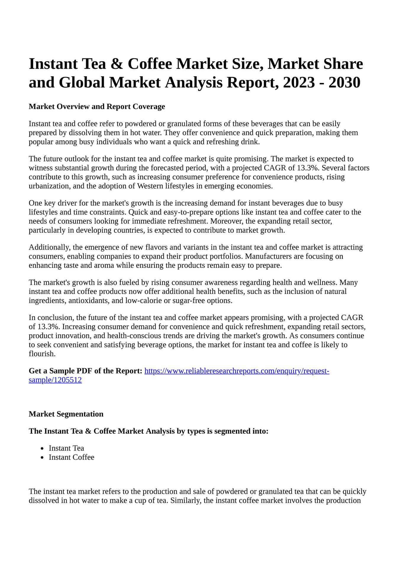 Reportprime Instant Tea & Coffee Market Size, Market Share and Global