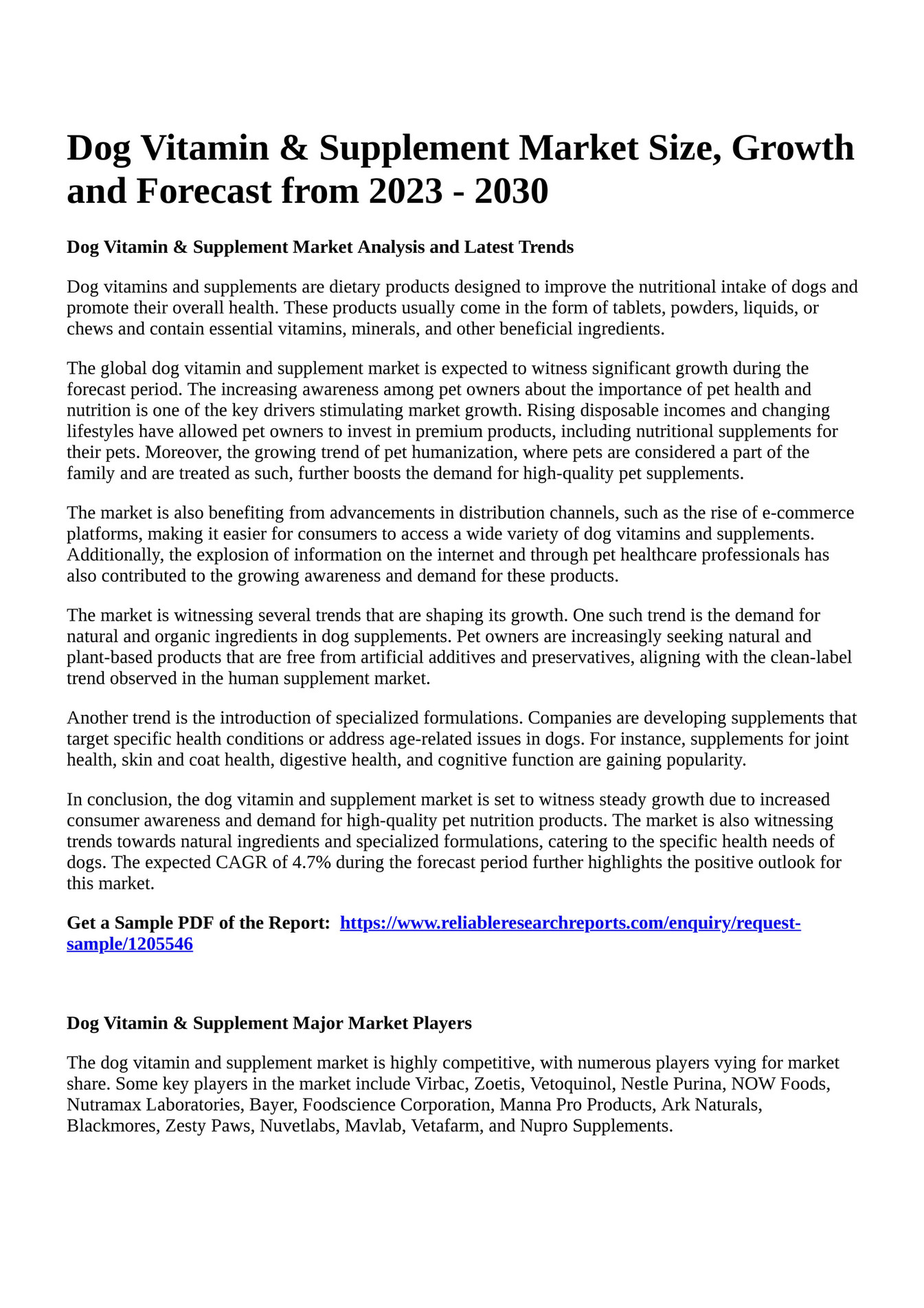 Reportprime Dog Vitamin & Supplement Market Size, Growth and Forecast