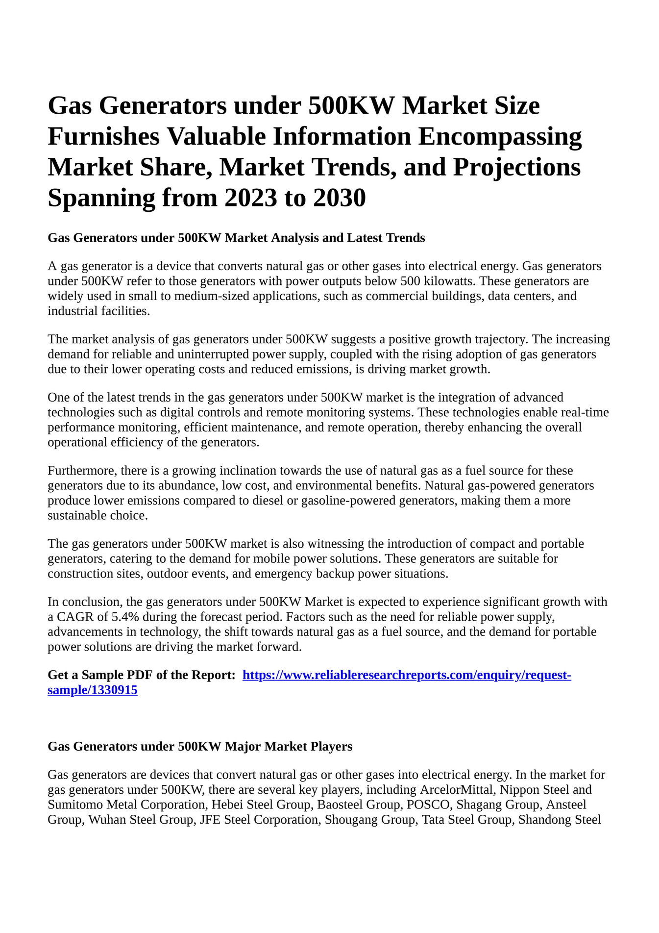 Reportprime Gas Generators under 500KW Market Size Furnishes Valuable