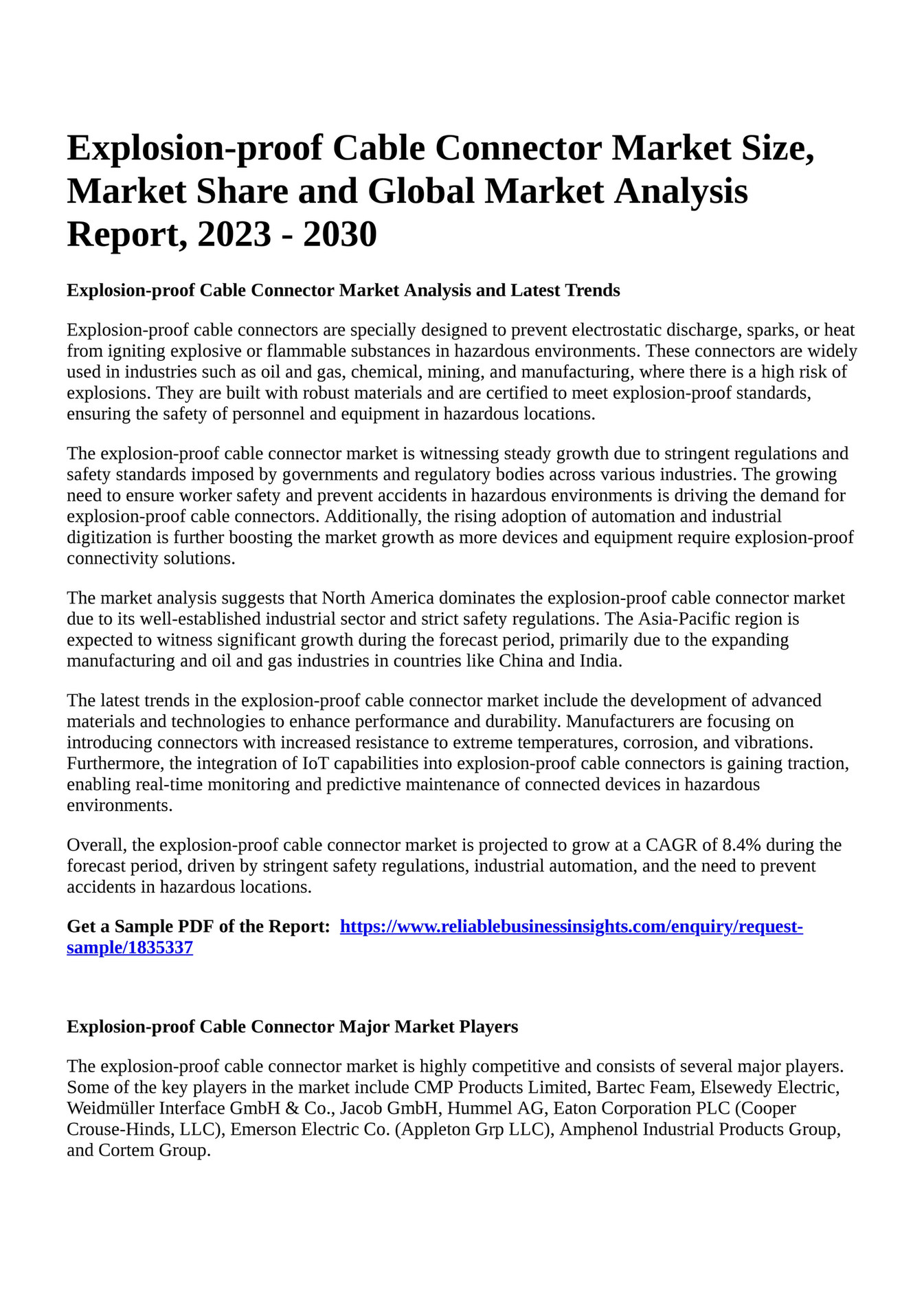 Reportprime Explosionproof Cable Connector Market Size, Market Share