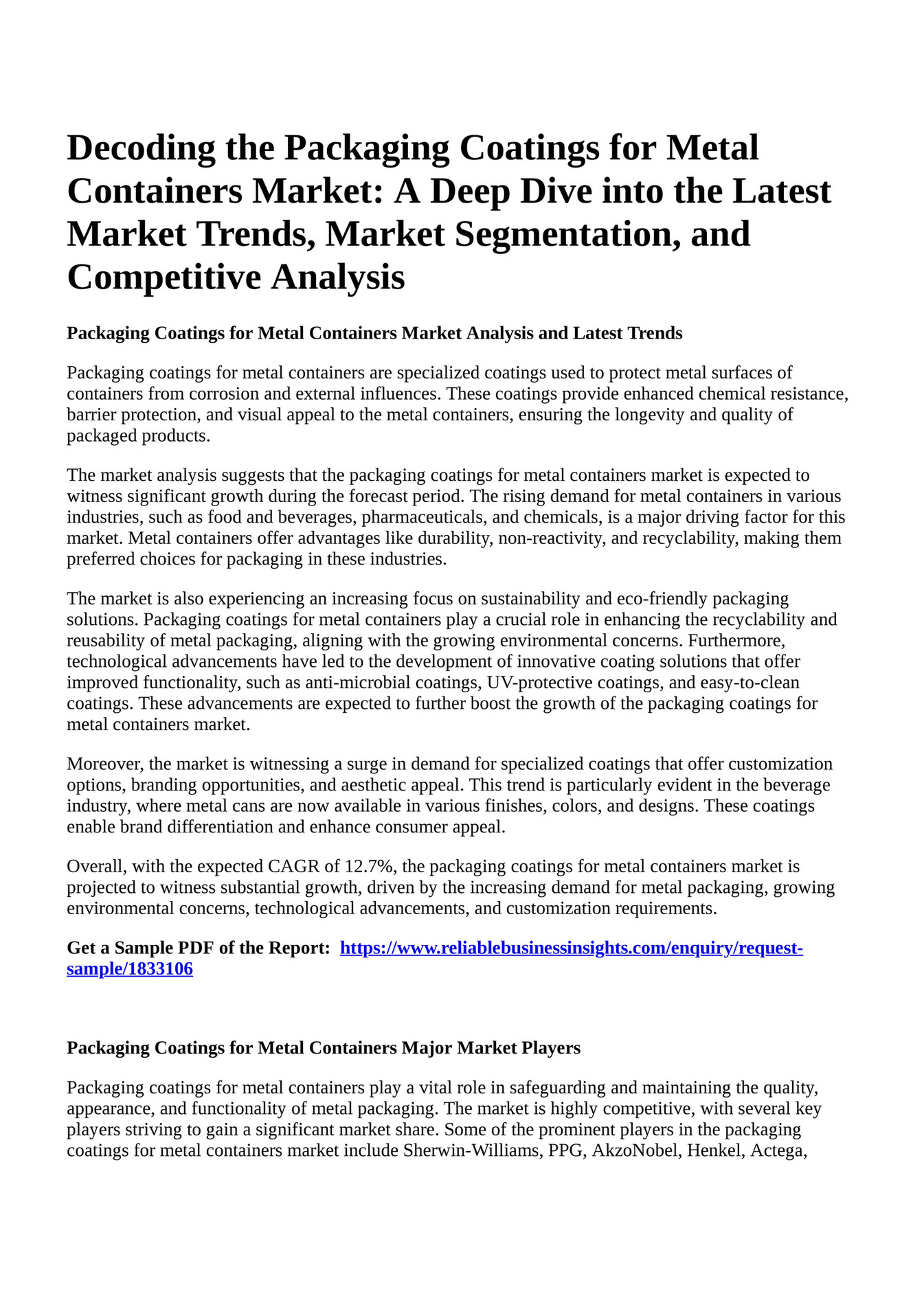 Reportprime packagingcoatingsformetalcontainersmarketsize