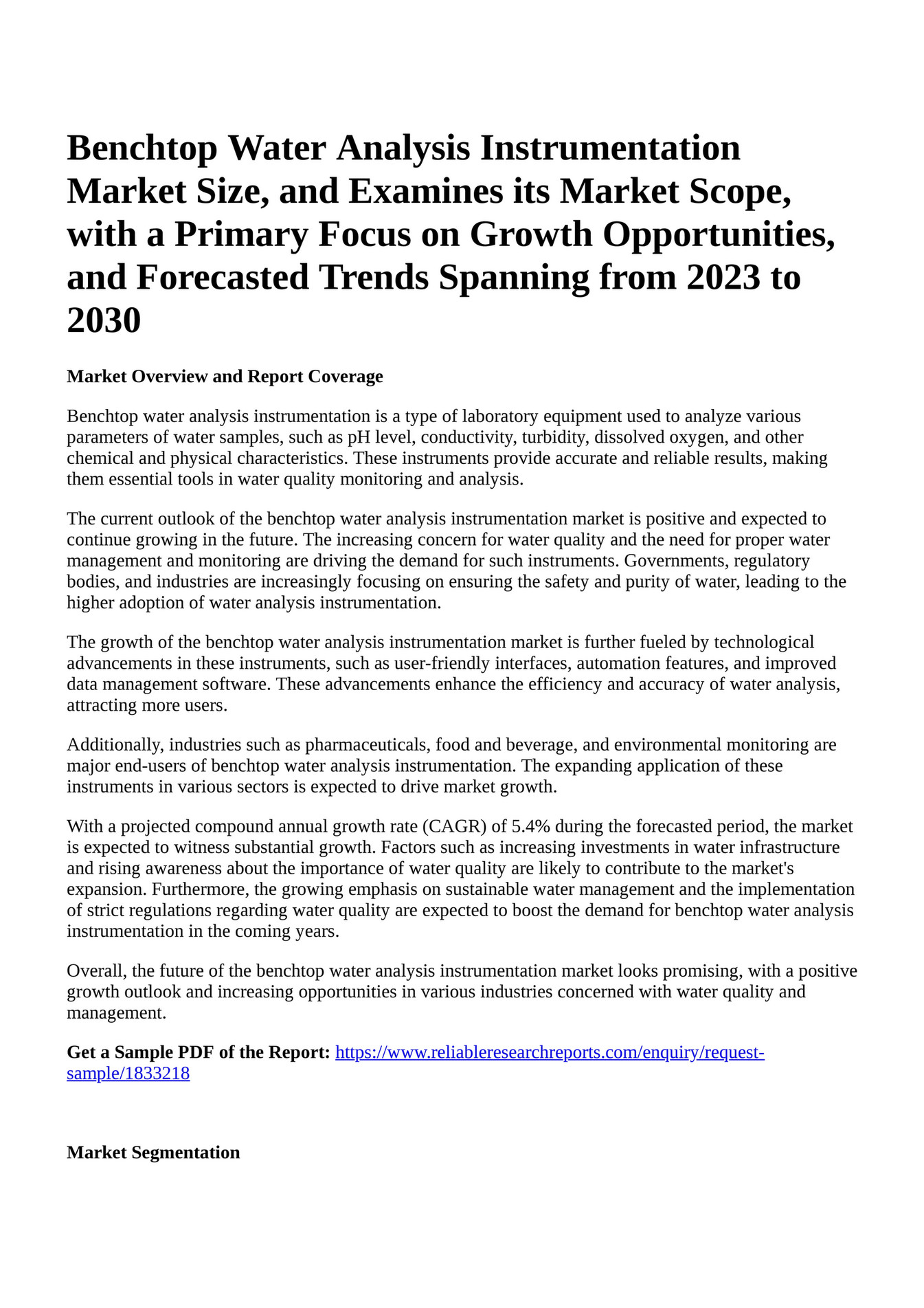 Reportprime Benchtop Water Analysis Instrumentation Market Size, and