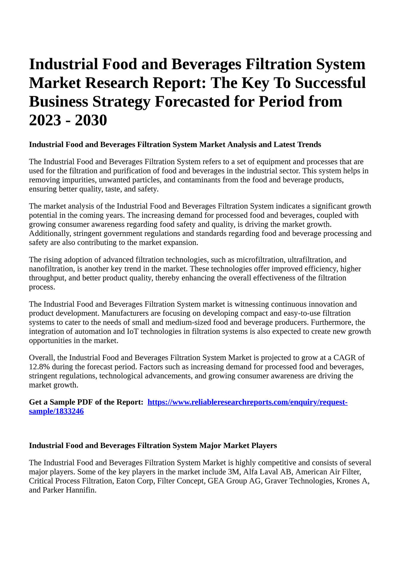 Reportprime Industrial Food and Beverages Filtration System Market