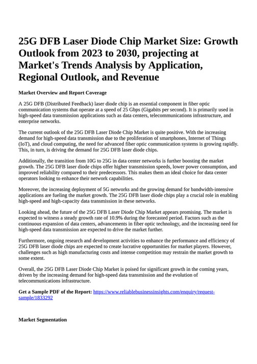Reportprime 25G DFB Laser Diode Chip Market Size Growth Outlook from 2023 to 2030, projecting