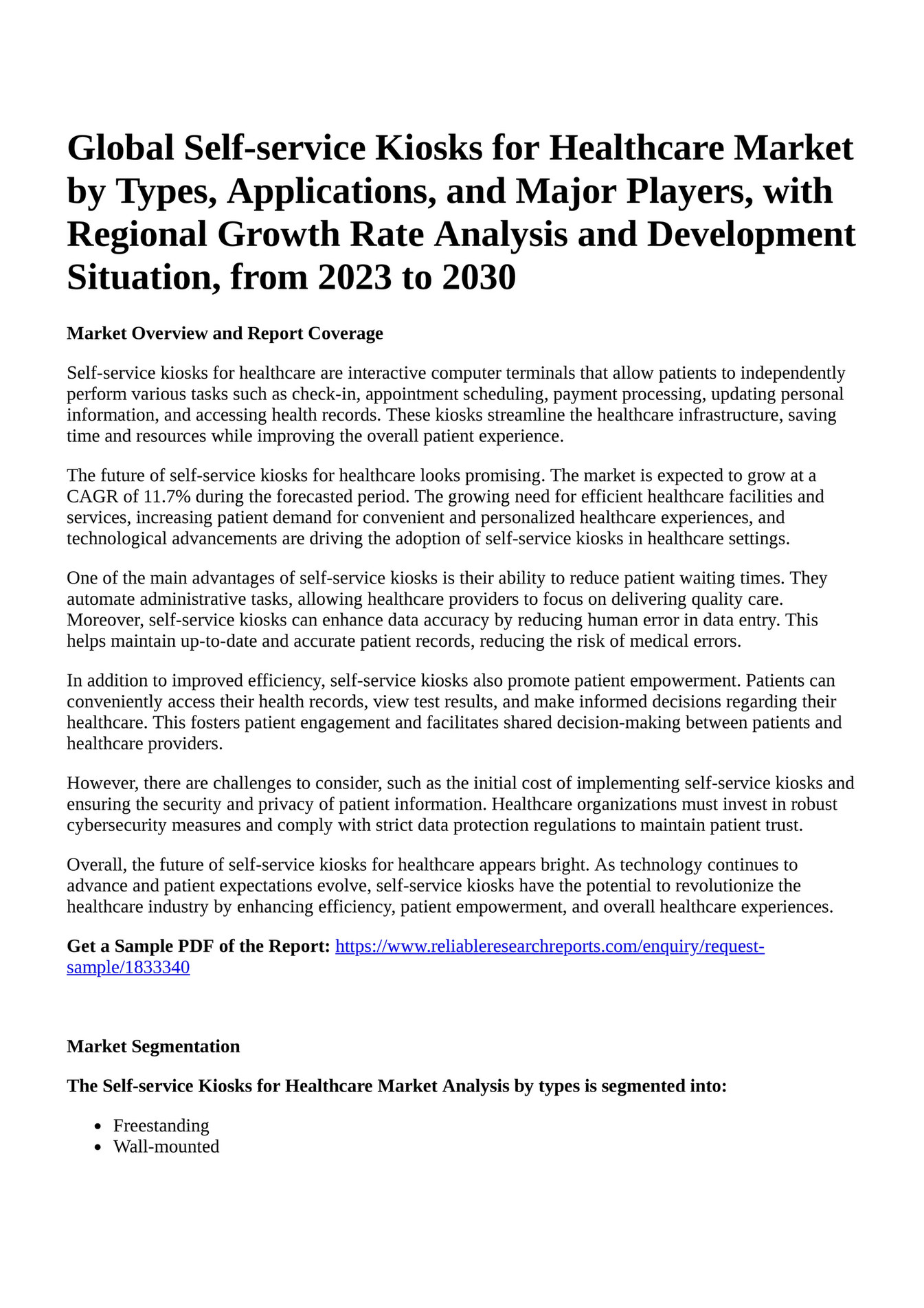 Reportprime Global Selfservice Kiosks for Healthcare Market by Types