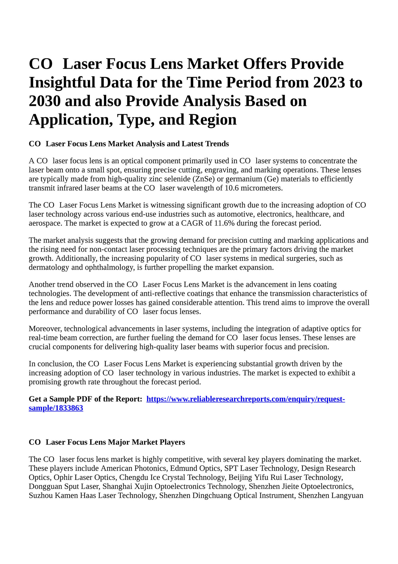 Reportprime CO₂ Laser Focus Lens Market Offers Provide Insightful