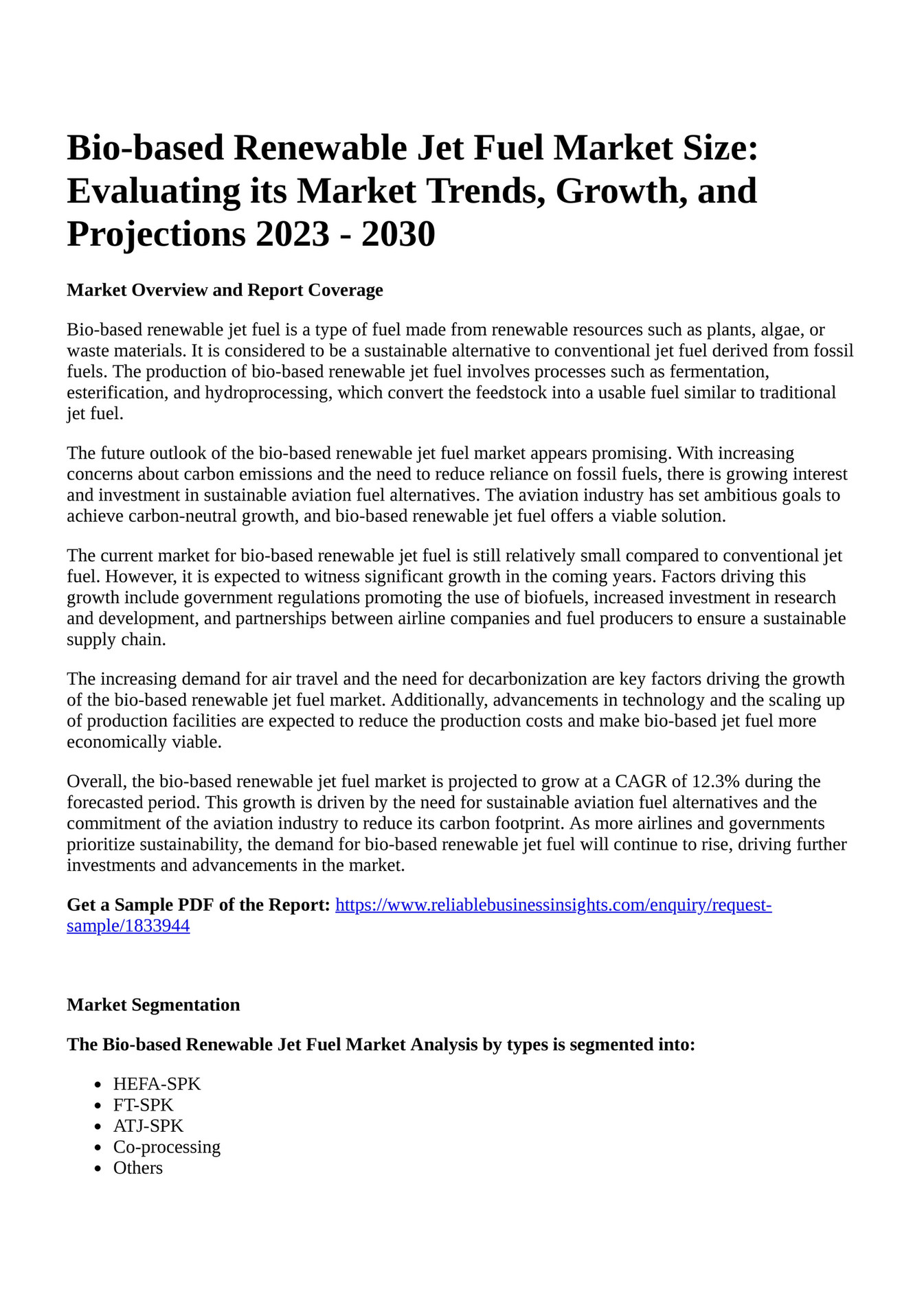 Reportprime Biobased Renewable Jet Fuel Market Size Evaluating its