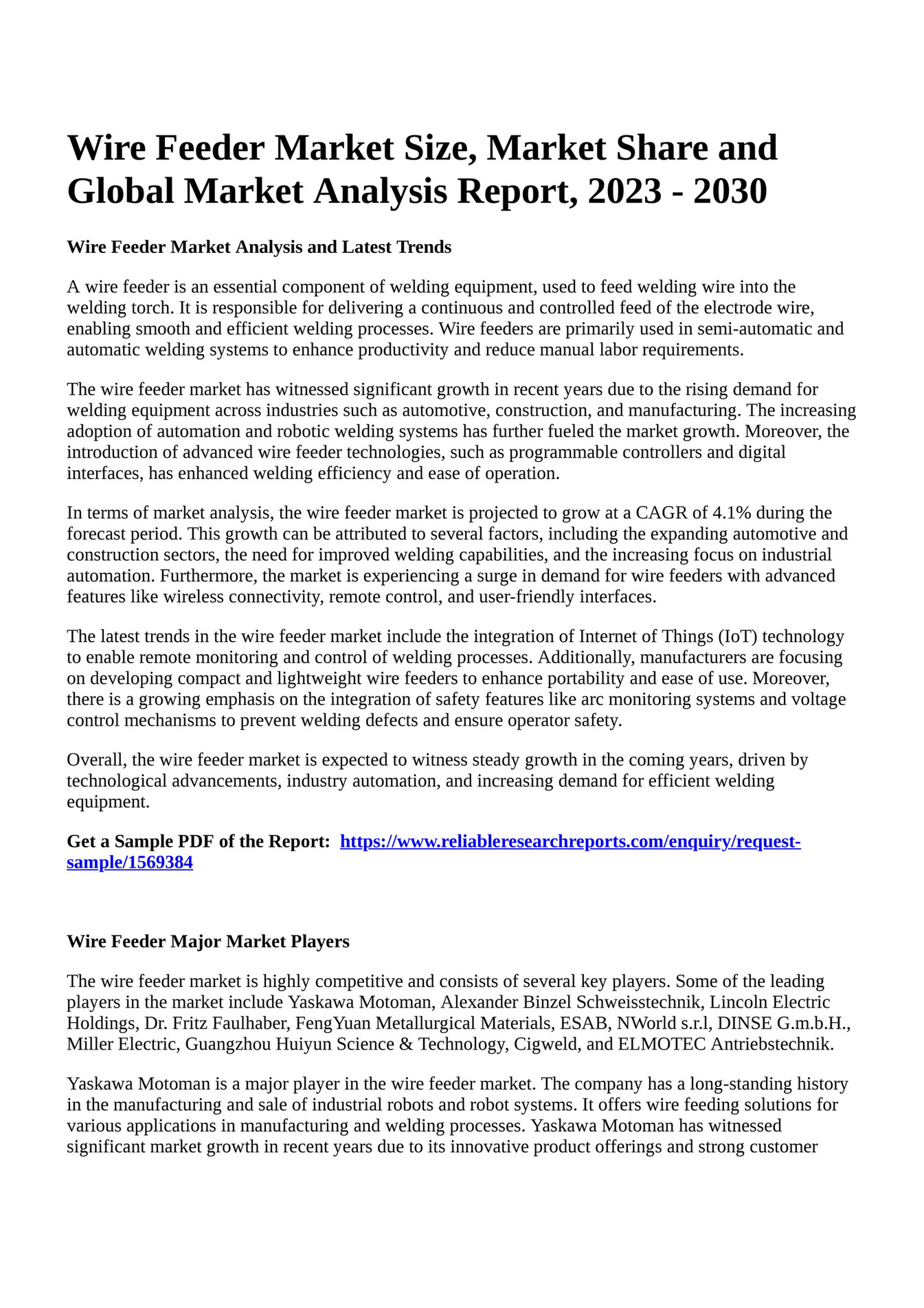 Reportprime Wire Feeder Market Size, Market Share and Global Market