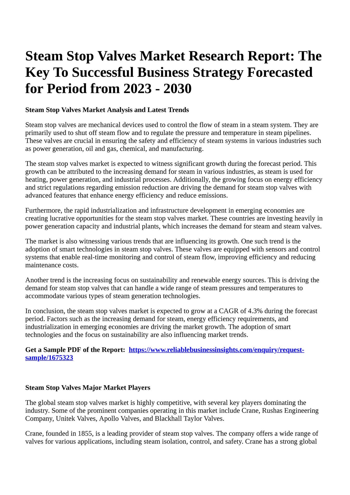 Reportprime Steam Stop Valves Market Research Report The Key To