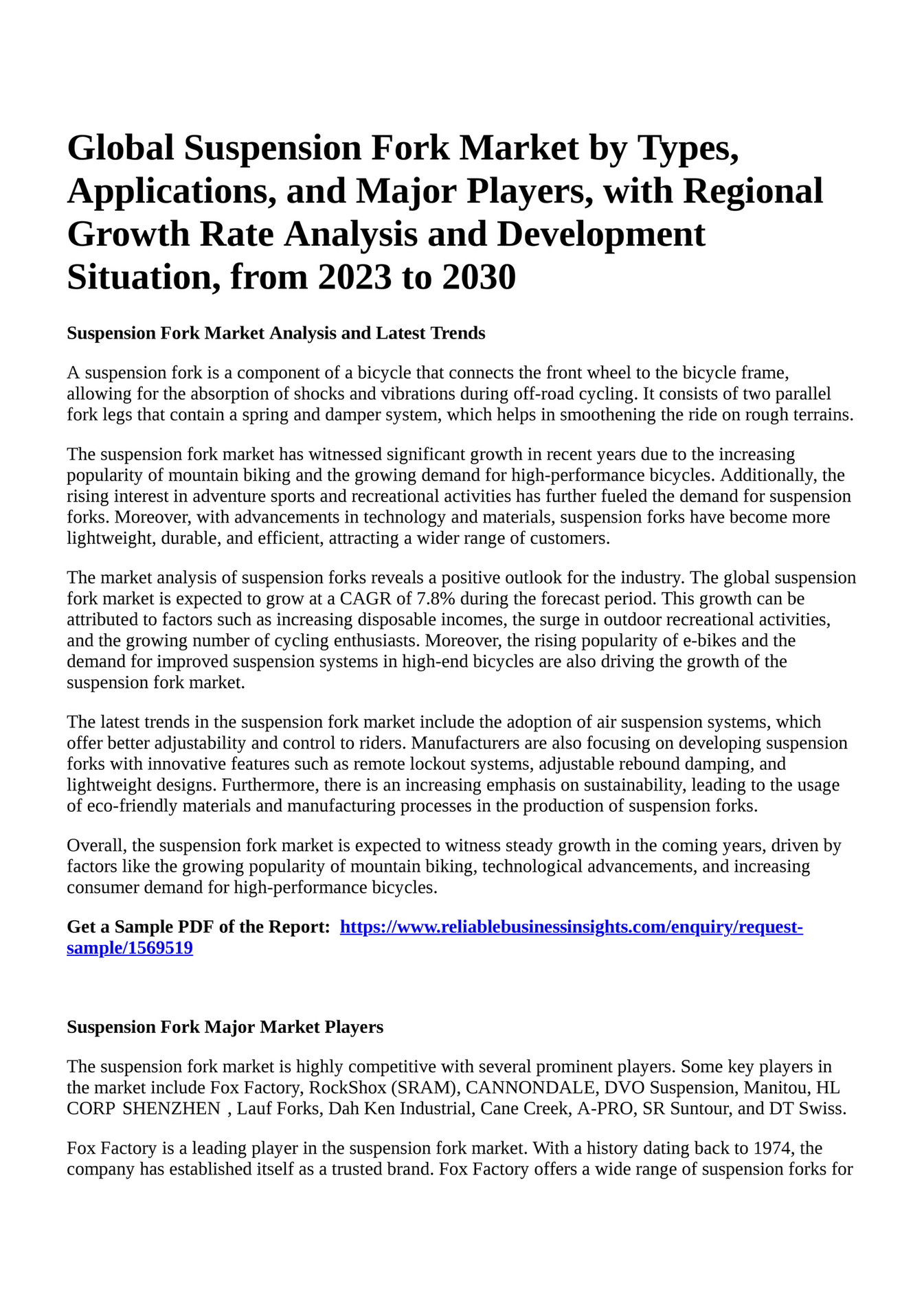 Reportprime Global Suspension Fork Market by Types, Applications, and
