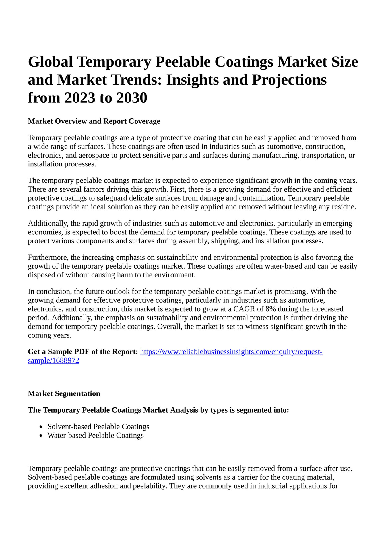 Reportprime Global Temporary Peelable Coatings Market Size and Market