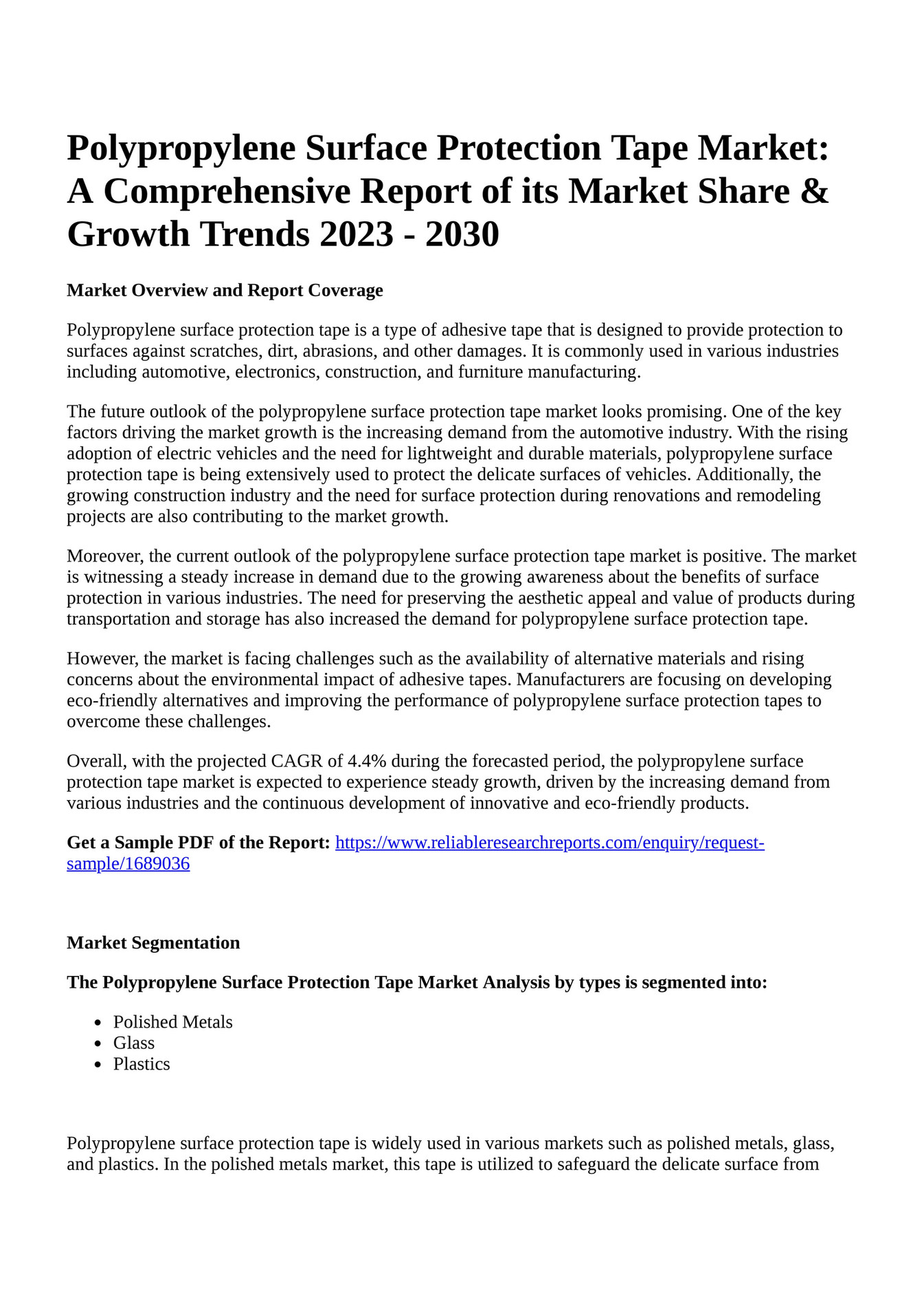 Reportprime Polypropylene Surface Protection Tape Market A