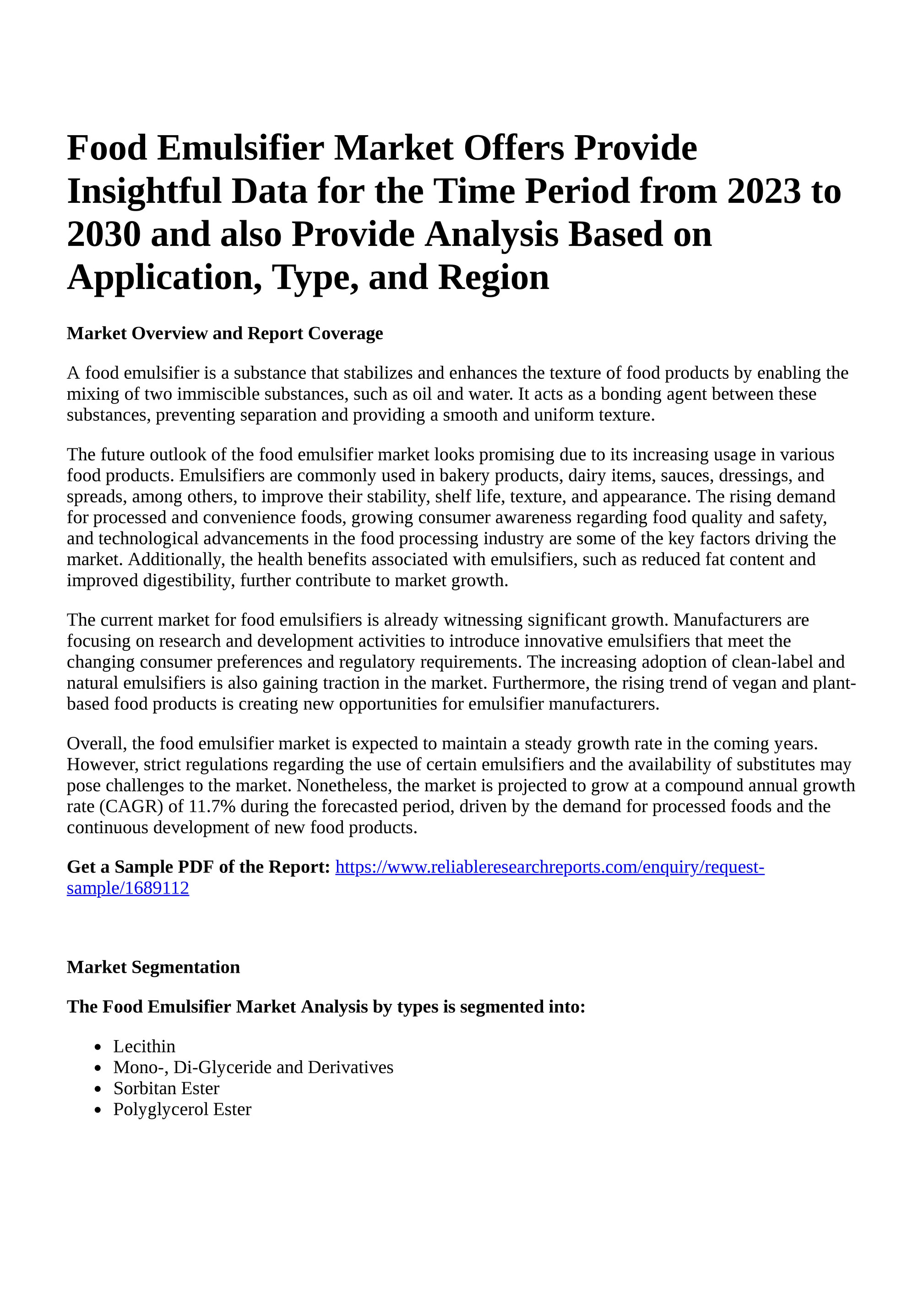 Food Emulsifiers Global Market Report 2023: Increase in