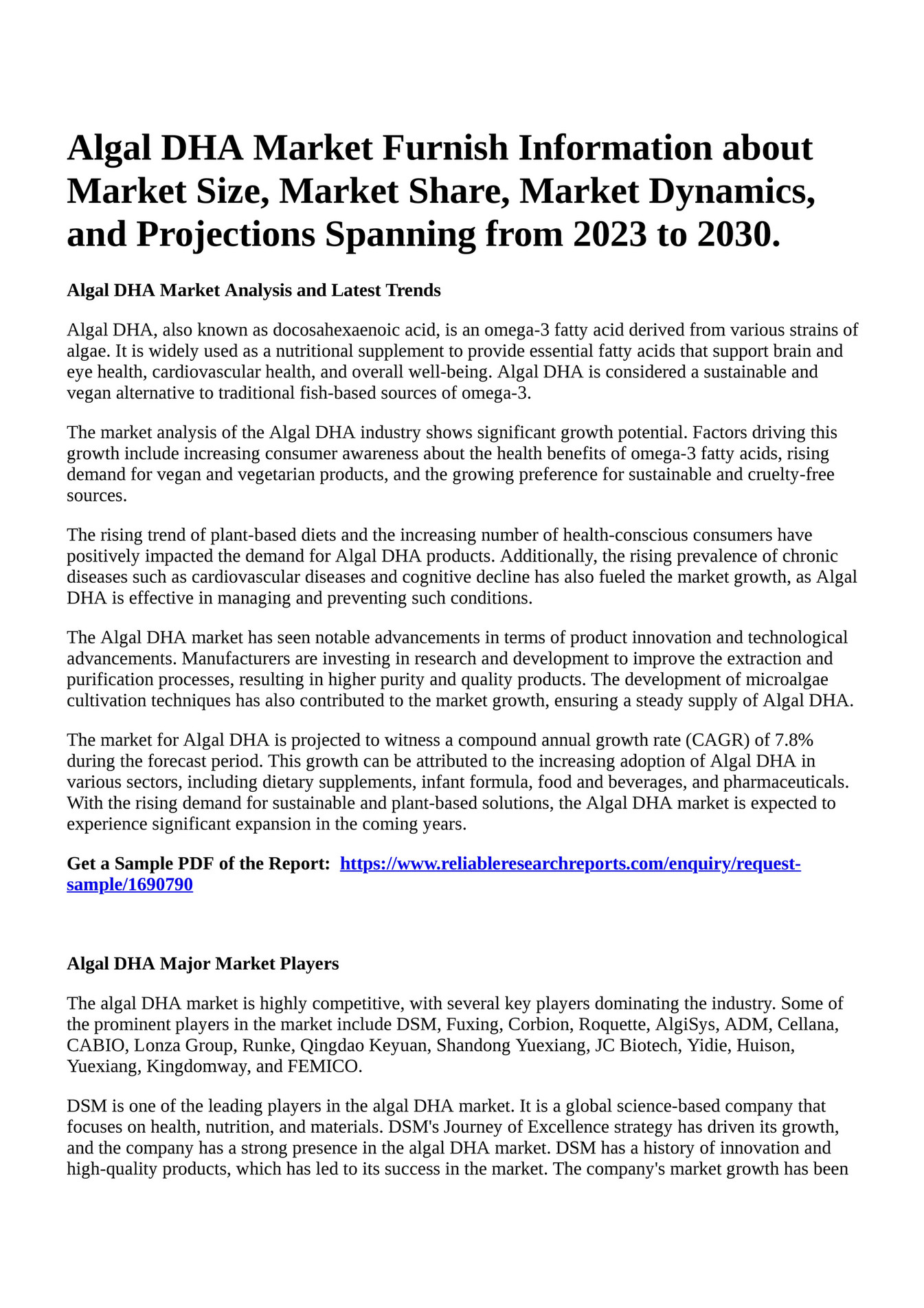 Reportprime Algal DHA Market Furnish Information about Market Size, Market Share, Market