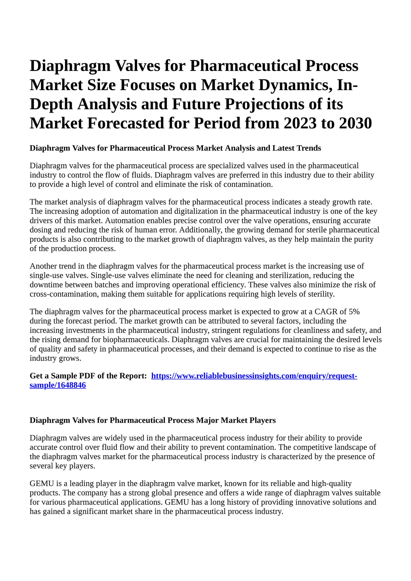 Reportprime Diaphragm Valves for Pharmaceutical Process Market Size