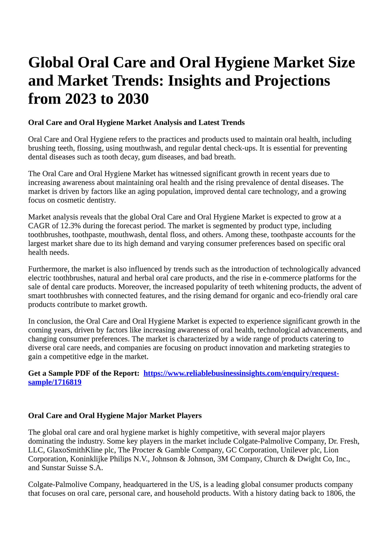 Reportprime Global Oral Care and Oral Hygiene Market Size and Market