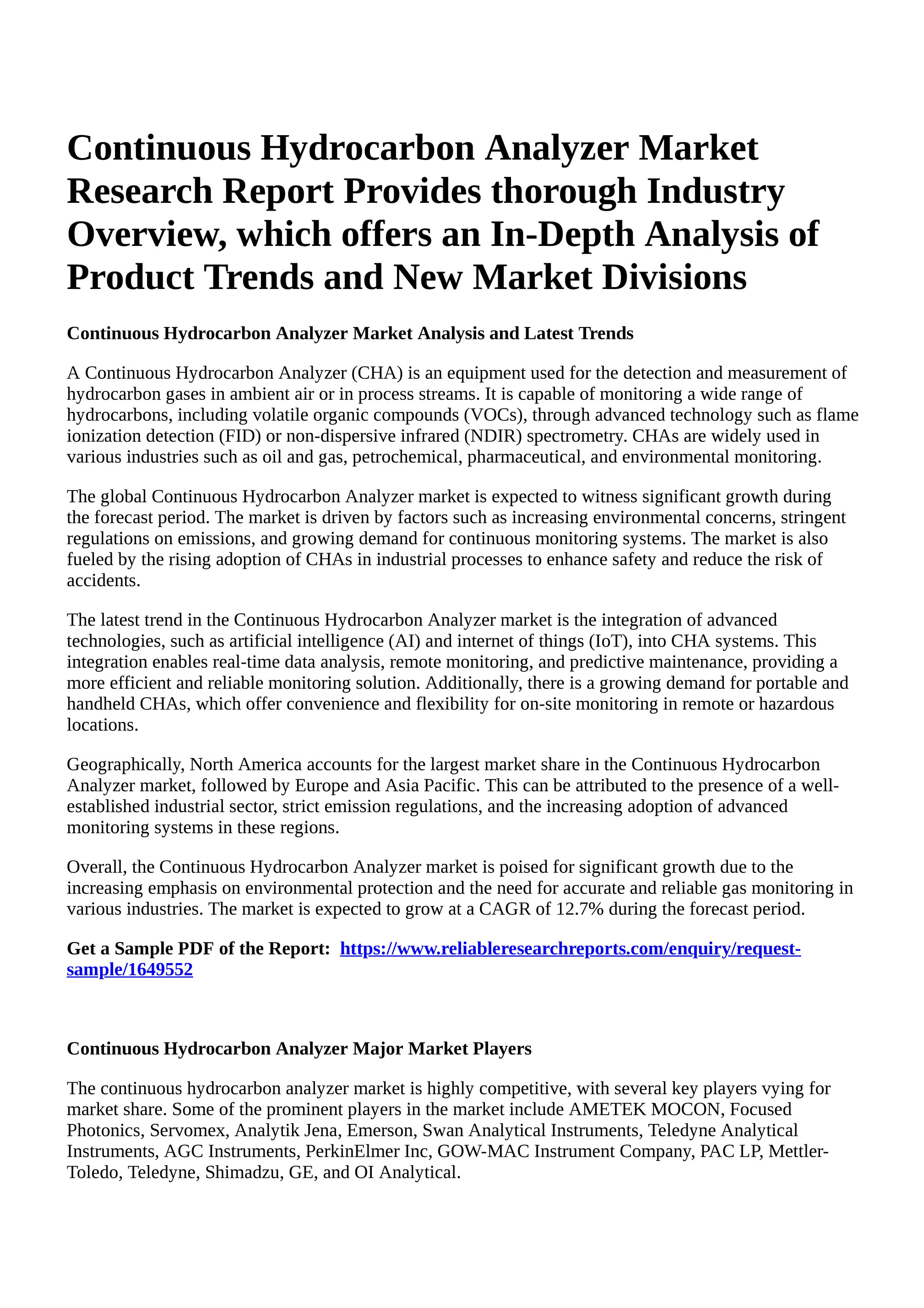 Reportprime Continuous Hydrocarbon Analyzer Market Research