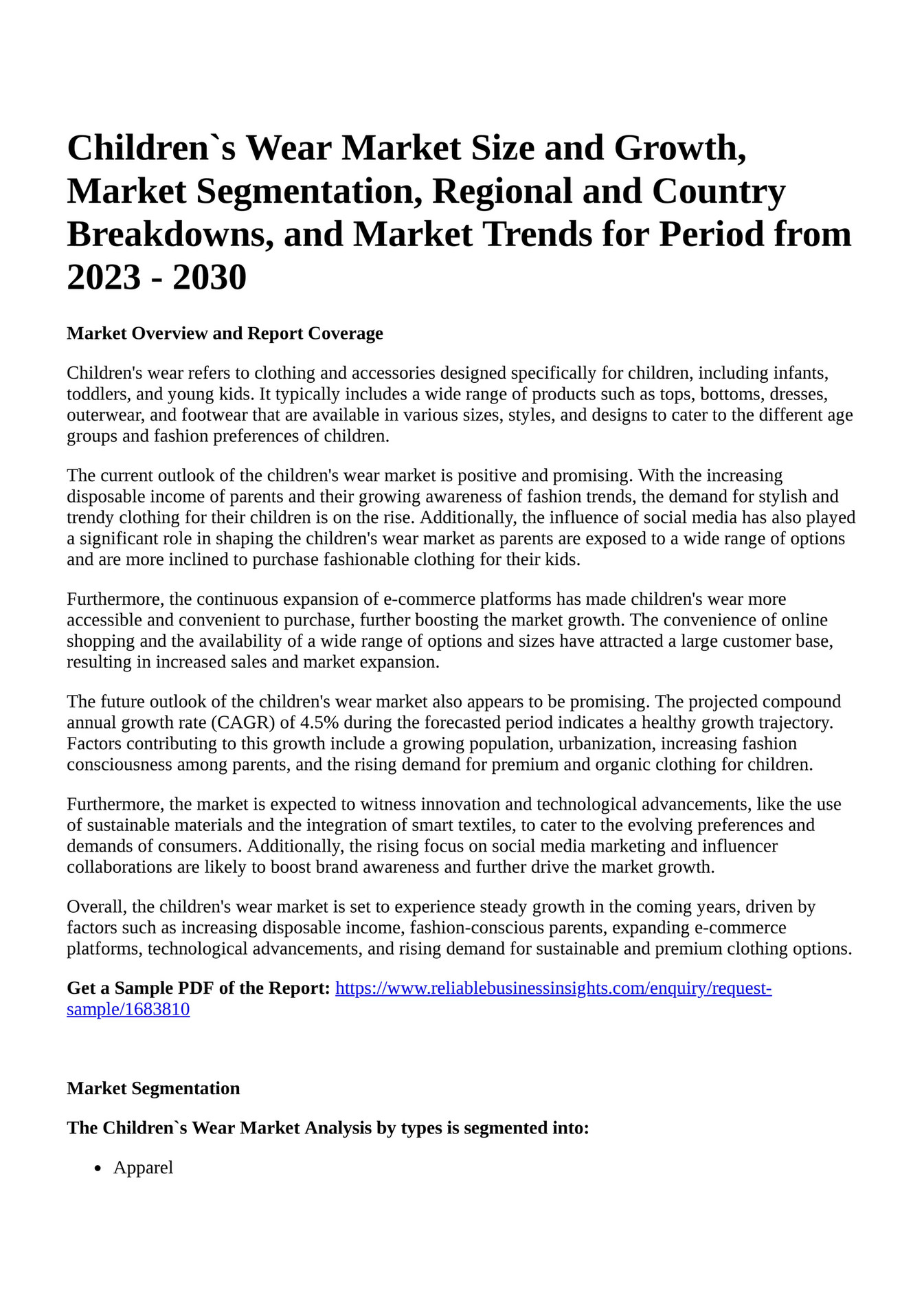 Reportprime Children`s Wear Market Size and Growth, Market