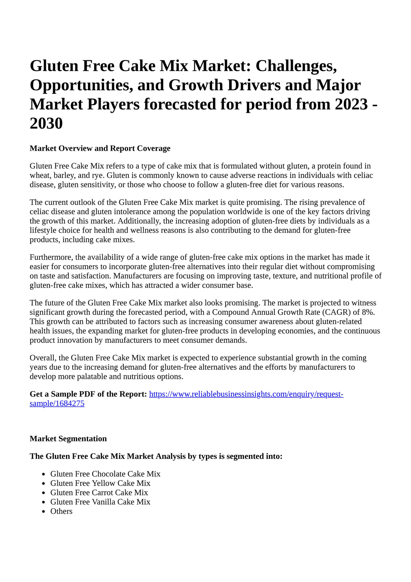 Reportprime Gluten Free Cake Mix Market Challenges, Opportunities