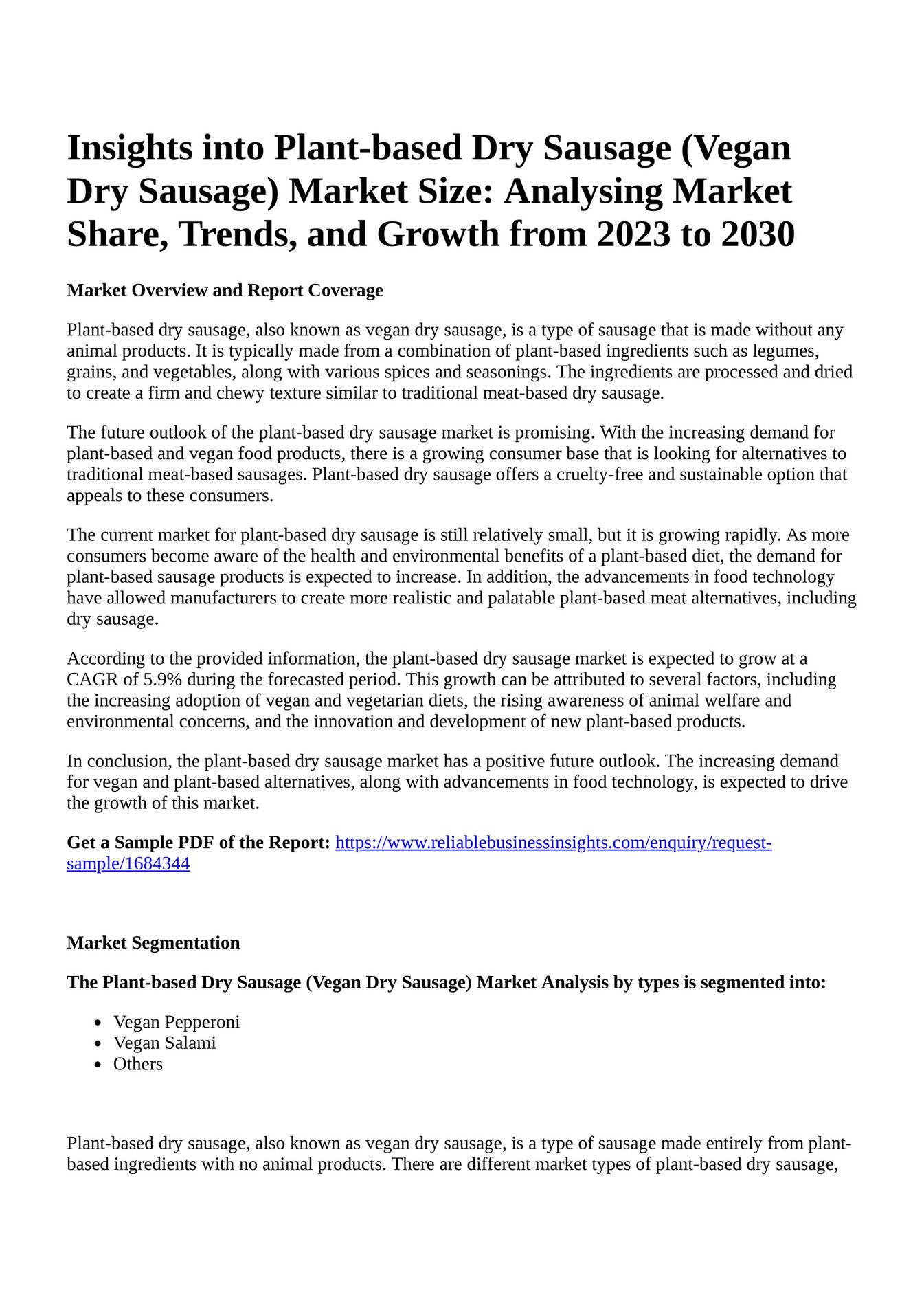 Reportprime Insights into Plantbased Dry Sausage (Vegan Dry Sausage