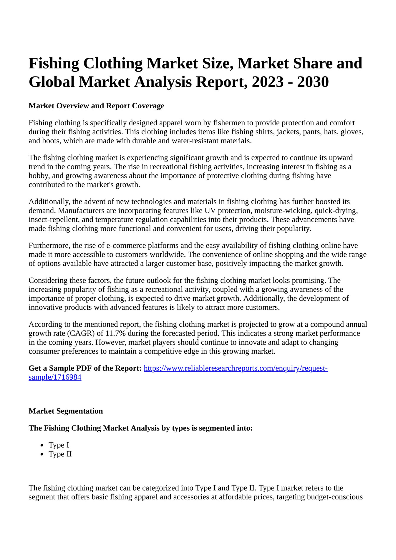 Reportprime Fishing Clothing Market Size, Market Share and Global