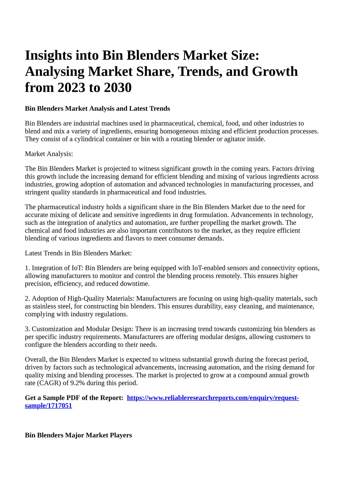 Reportprime Insights into Bin Blenders Market Size Analysing Market Share, Trends, and Growth