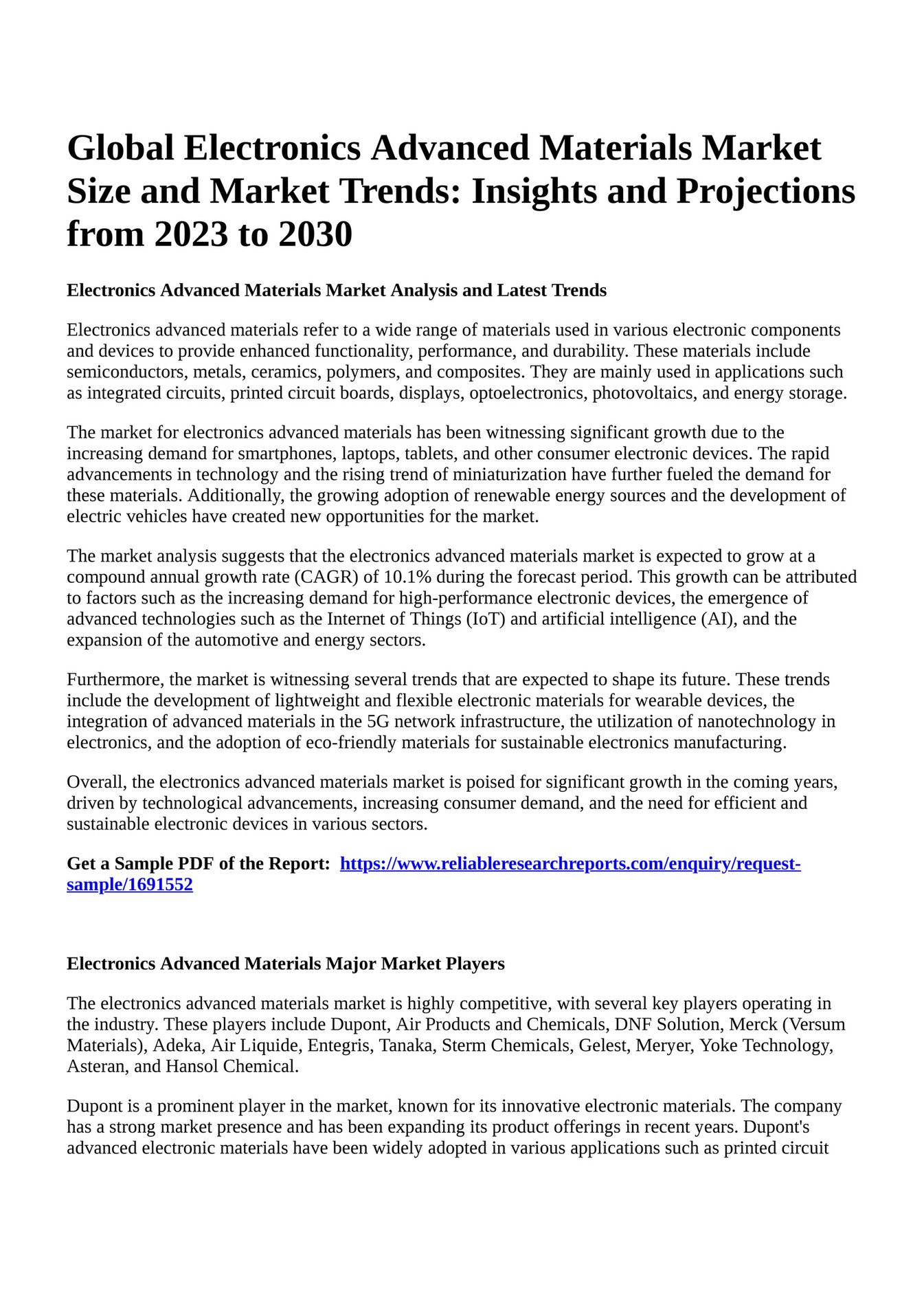 Reportprime Global Electronics Advanced Materials Market Size and