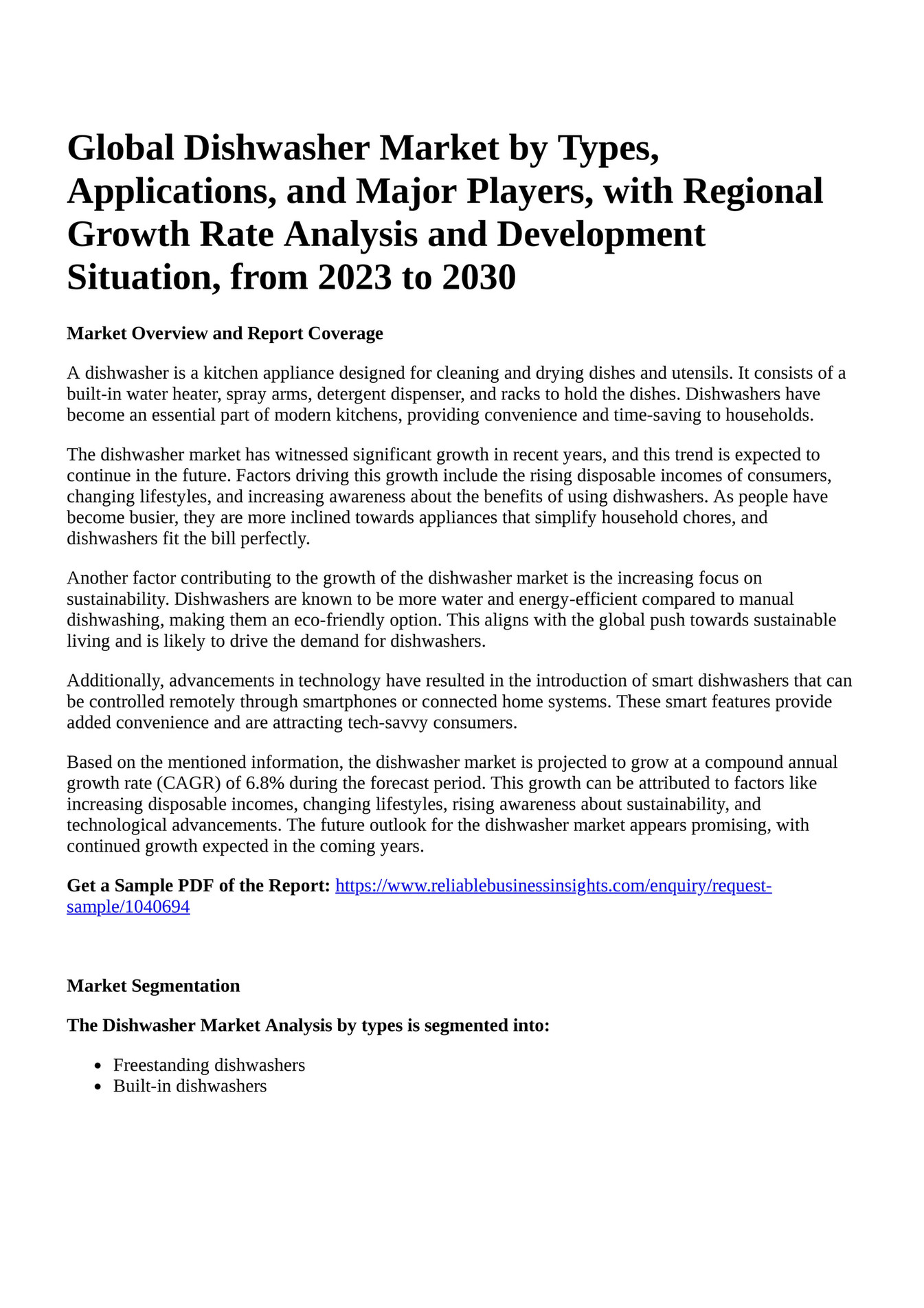 Reportprime - Global Dishwasher Market by Types, Applications, and ...