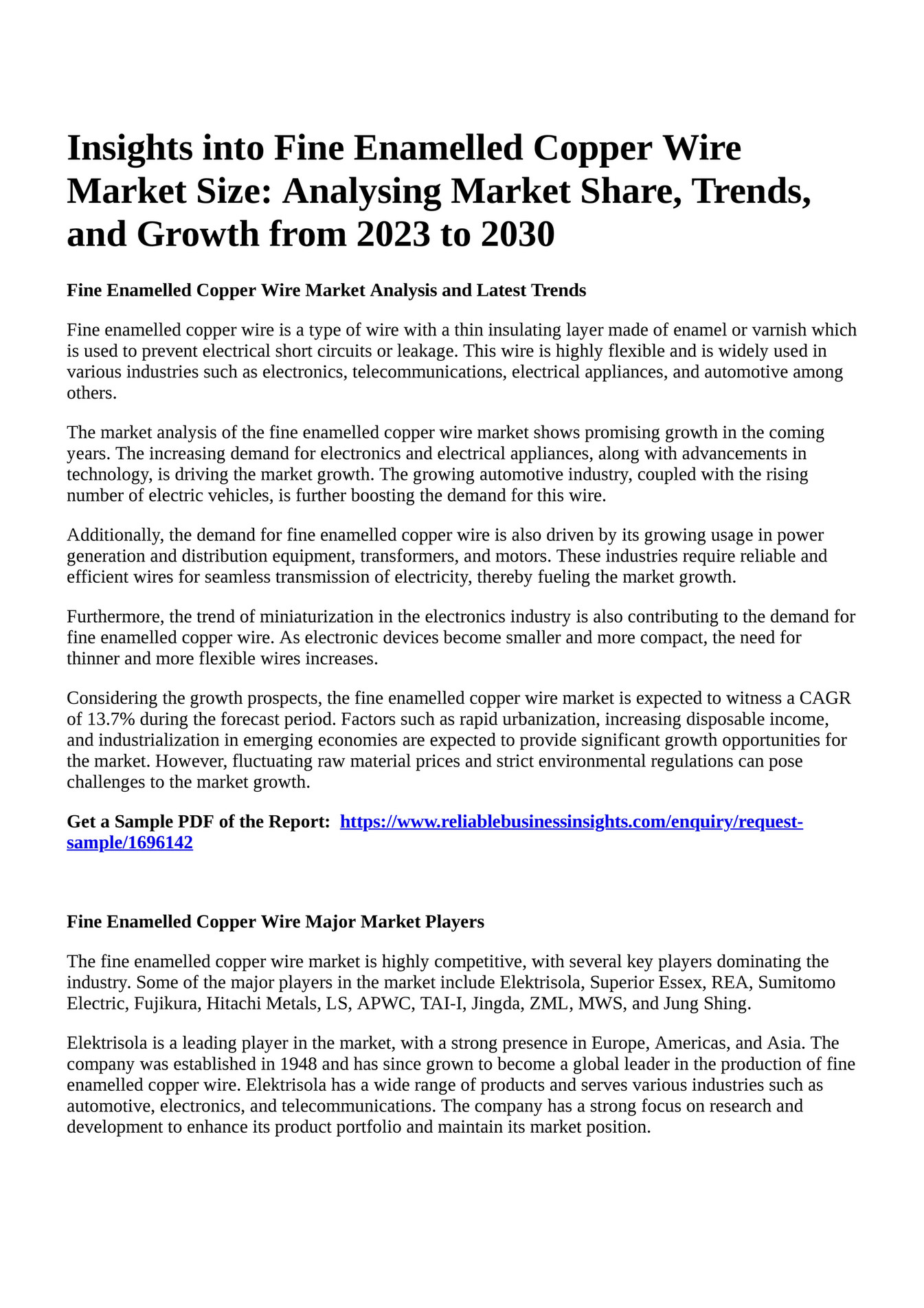 Reportprime Insights into Fine Enamelled Copper Wire Market Size