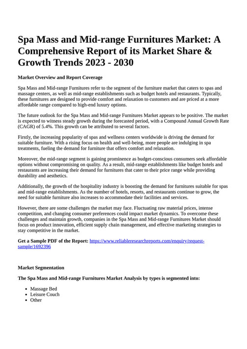 Reportprime Spa Mass and Midrange Furnitures Market A Comprehensive