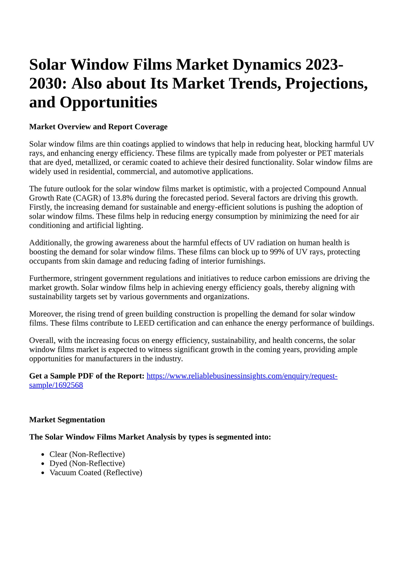 Reportprime Solar Window Films Market Dynamics 20232030 Also about