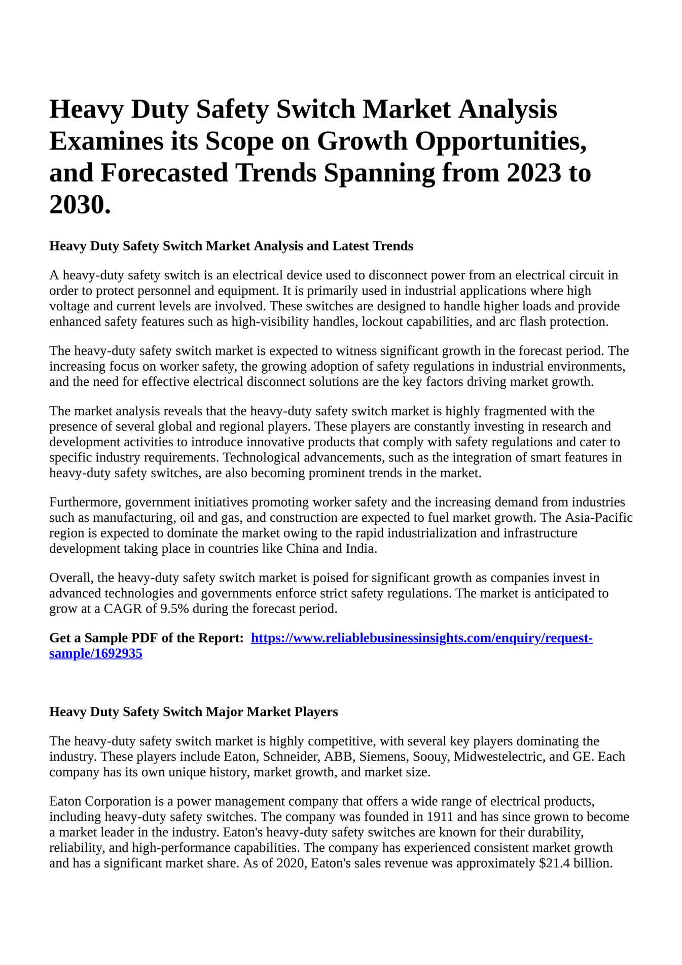 Reportprime Heavy Duty Safety Switch Market Analysis Examines its