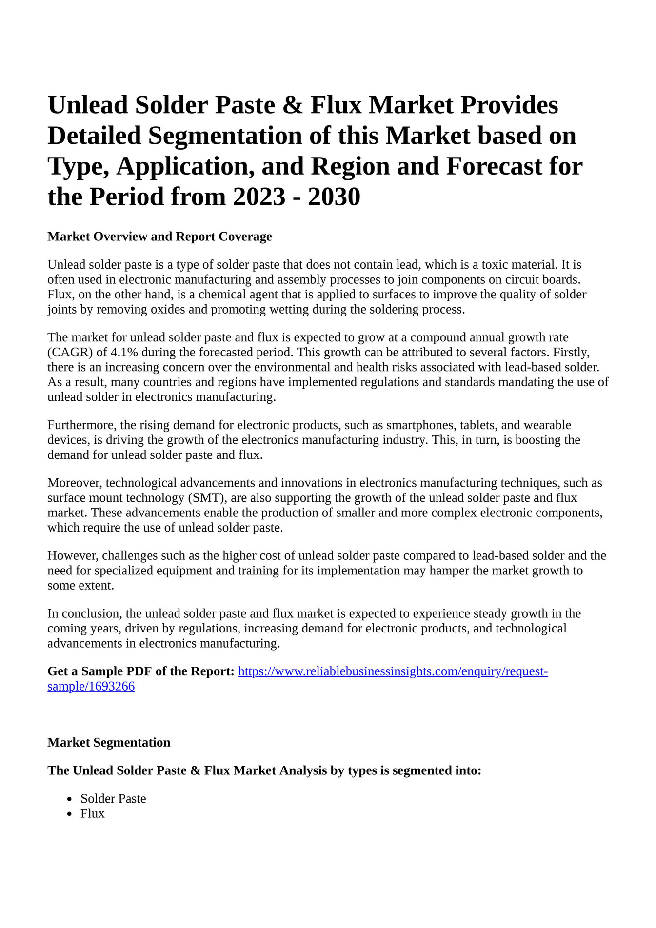 Reportprime Unlead Solder Paste & Flux Market Provides Detailed