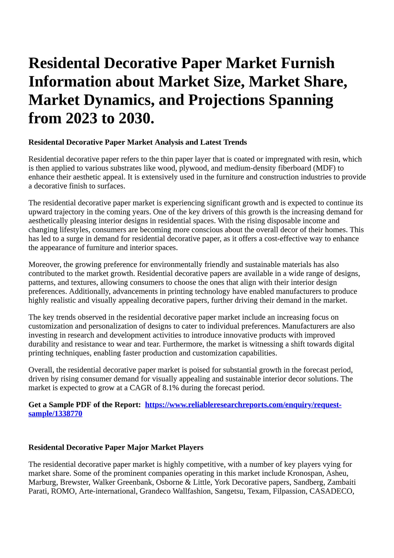 Reportprime Residental Decorative Paper Market Furnish Information