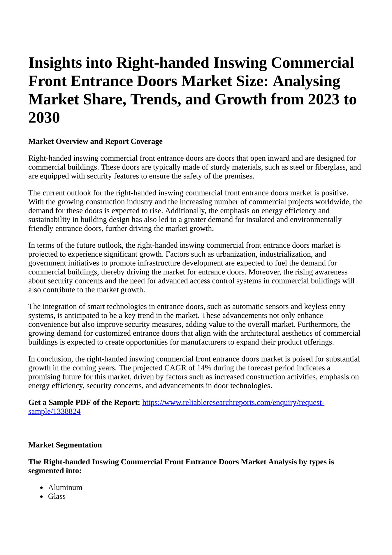 Reportprime Insights into Righthanded Inswing Commercial Front Entrance Doors Market Size