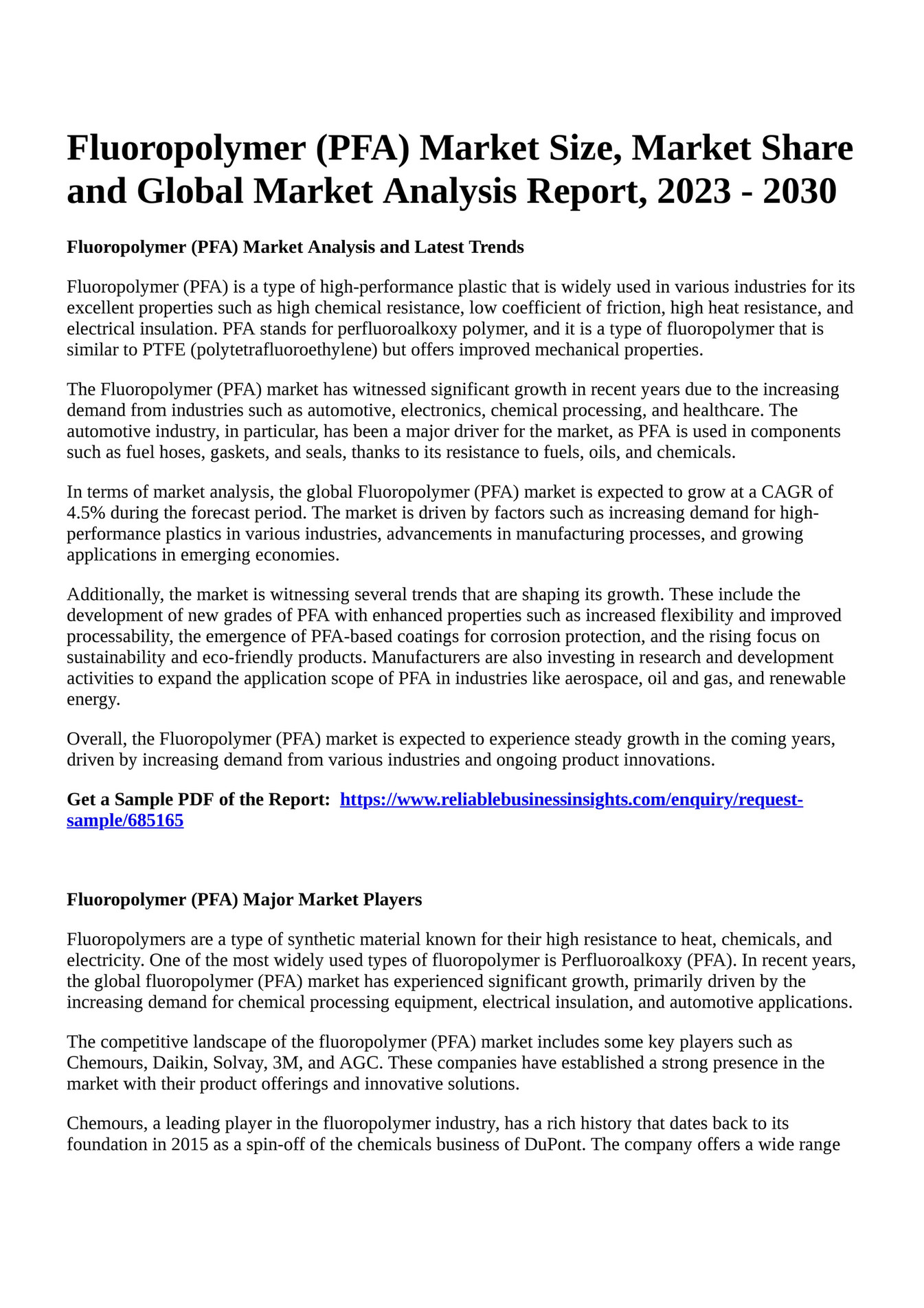 Reportprime Fluoropolymer Pfa Market Size Market Share And Global