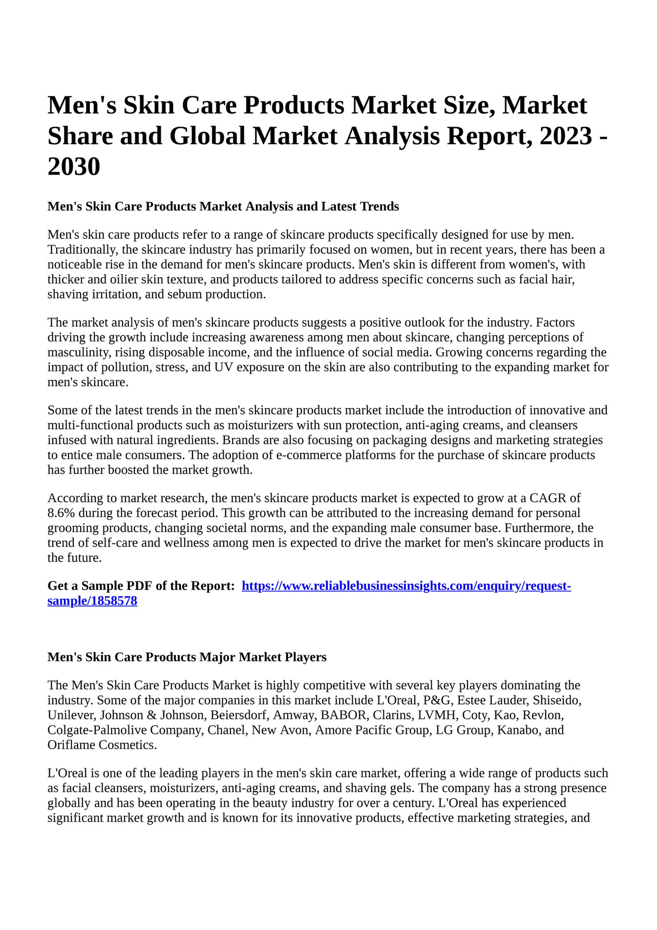 Reportprime Men's Skin Care Products Market Size, Market Share and