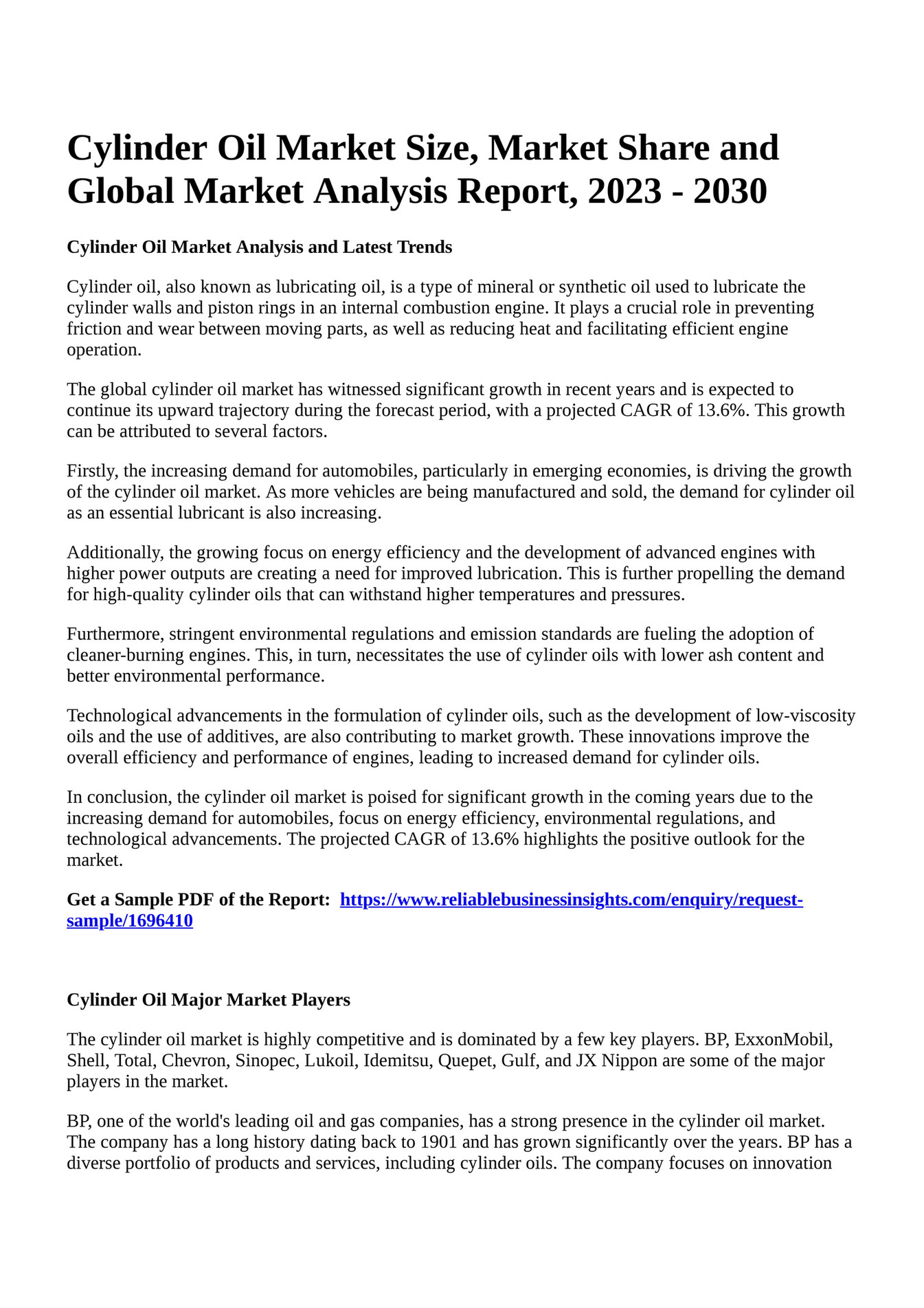 Reportprime Cylinder Oil Market Size, Market Share and Global Market