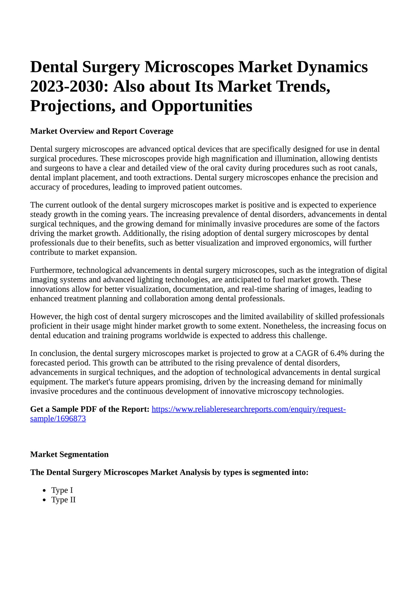 Reportprime Dental Surgery Microscopes Market Dynamics 20232030