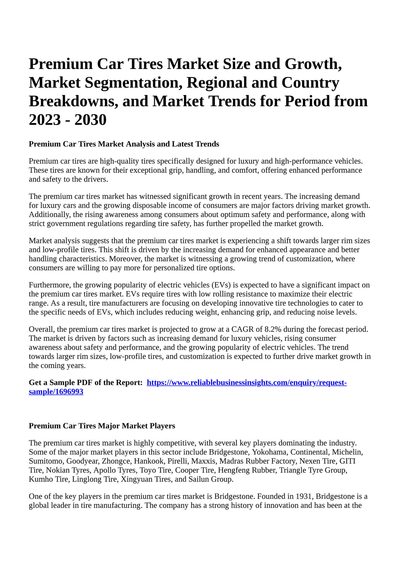 Reportprime Premium Car Tires Market Size and Growth, Market